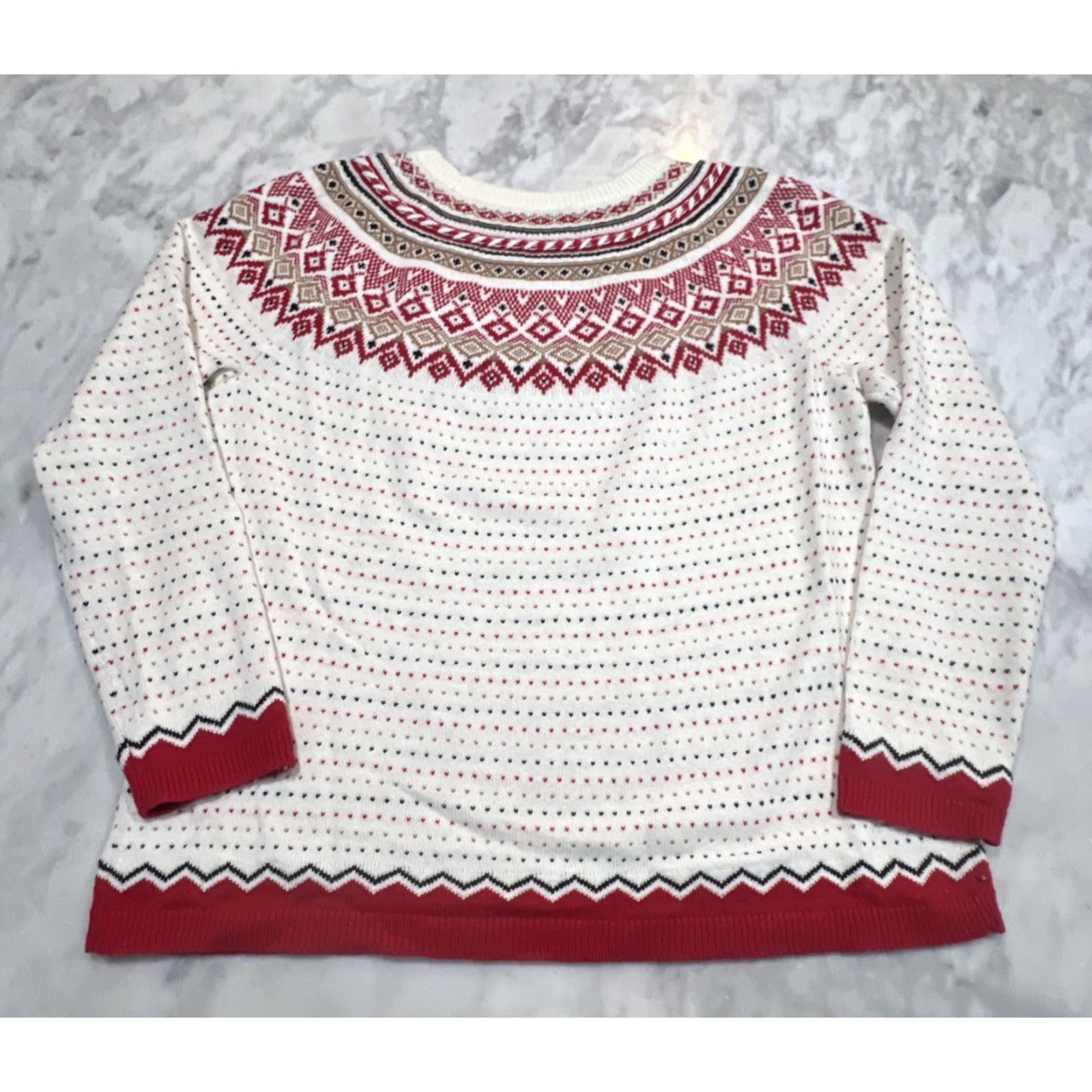 Talbots Talbots Fair Isle Crew Neck Lamb Wool Knit Sweater Large Red Cream & Black Shirt Womens L Multicolor Holiday Preppy Casual Knit Pullover Size L / US 10 / IT 46 - 6 Thumbnail