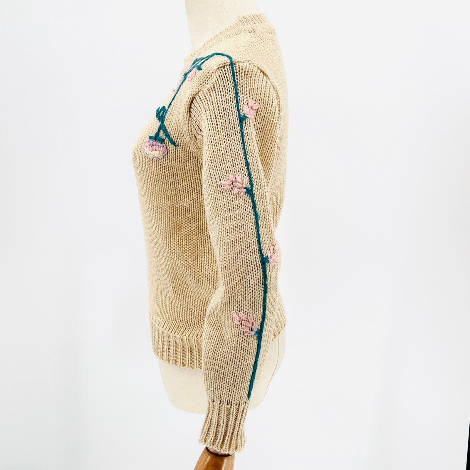Vintage Vintage 80s Beige Teal Pink Floral Embroidered Sweater Size S / US 4 / IT 40 - 4 Thumbnail