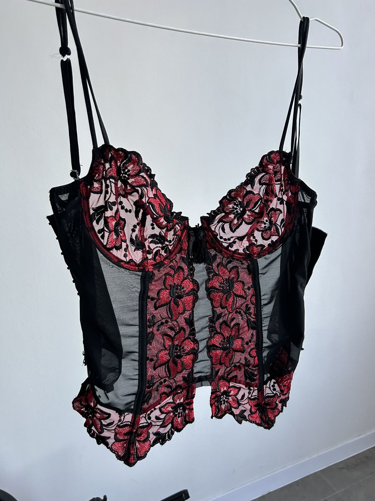 Designer × Vintage Vintage Black & Red Mesh Embroidered Corser Sexy 00s 90s Size ONE SIZE - 2 Thumbnail