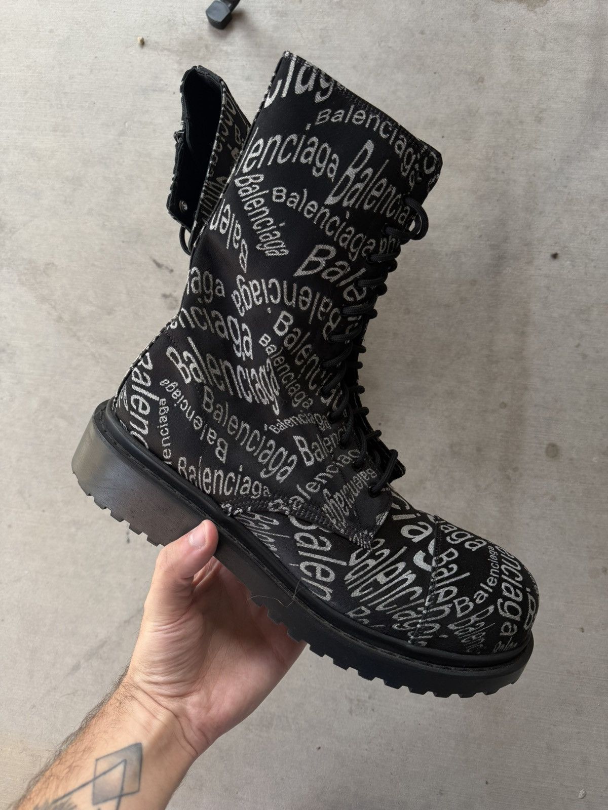 Balenciaga Logo Strike Combat Boots Black White AOP EU45/12M