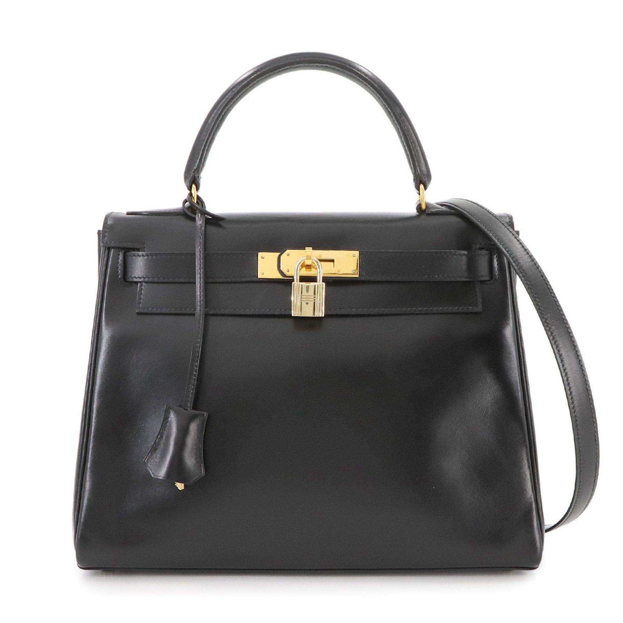 Hermes Kelly 28 2Way Hand Shoulder Bag, Box Calf, Black, V Stamp, Made In 1992, Inner Stitching, Gold Hardware, Women's