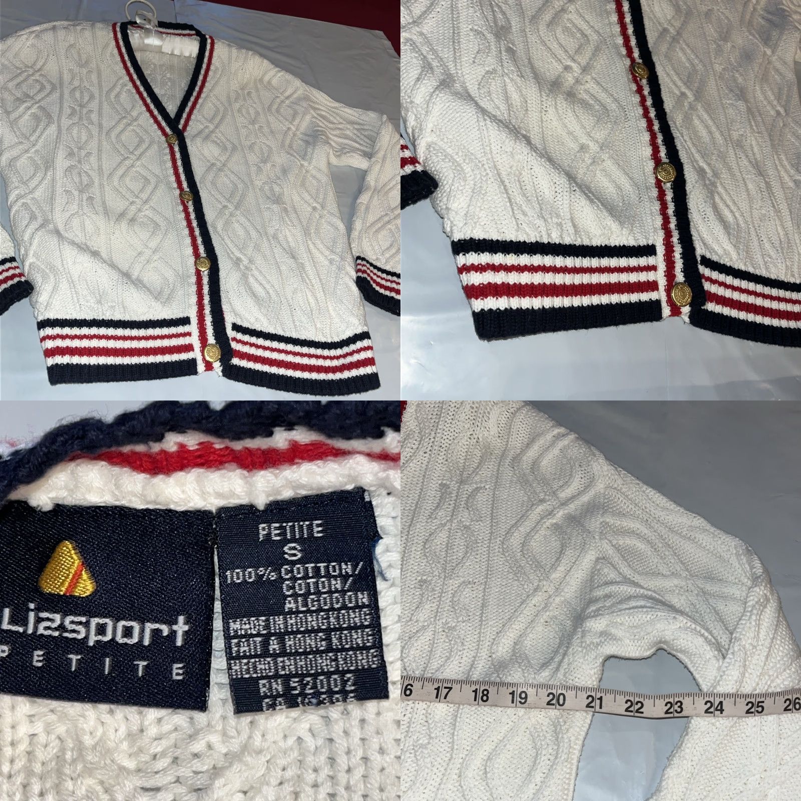Vintage VINTAGE Lizsport Cardigan 90s KnIT Cable-V-Neck WhiteStripe Blue Red Gold Buttons Women Ps Petite Size S / US 4 / IT 40 - 9 Thumbnail