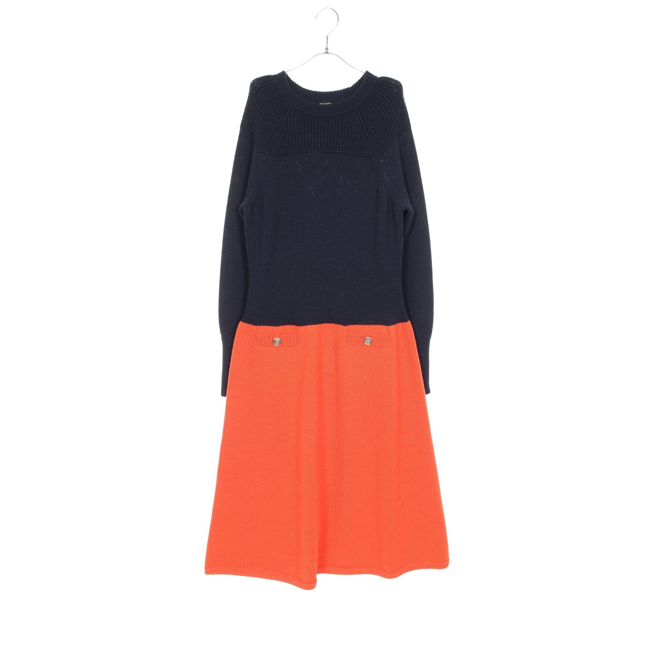 Chanel Chanel Cocomark Button Knit Dress Bicolor Wool Dark Navy Orange Brown Size ONE SIZE - 1 Thumbnail