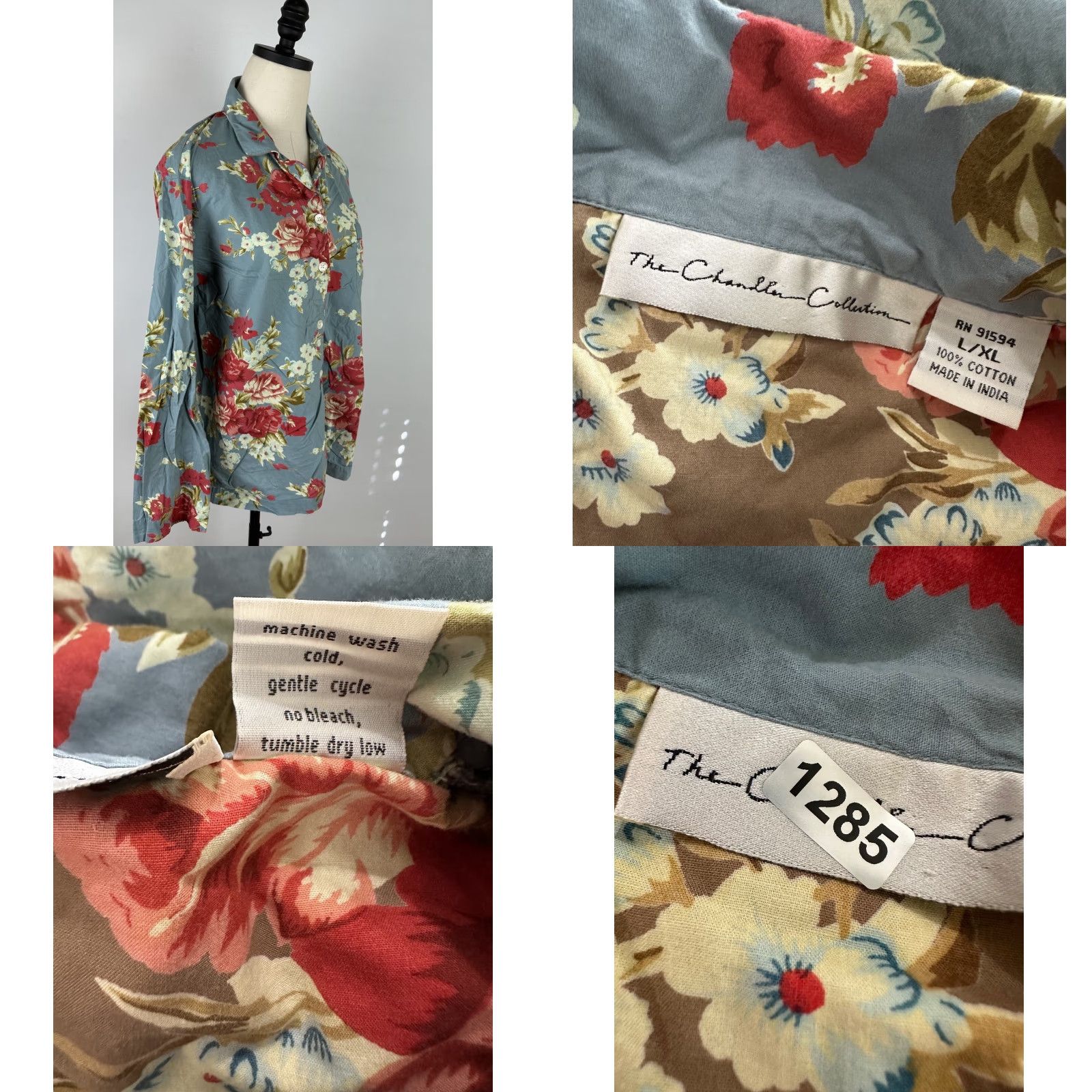 Vintage The Chandler Collection Pajama Top M Womens Dusty Blue Floral Cotton Button Front Long Sleeve Size M / US 6-8 / IT 42-44 - 8 Thumbnail