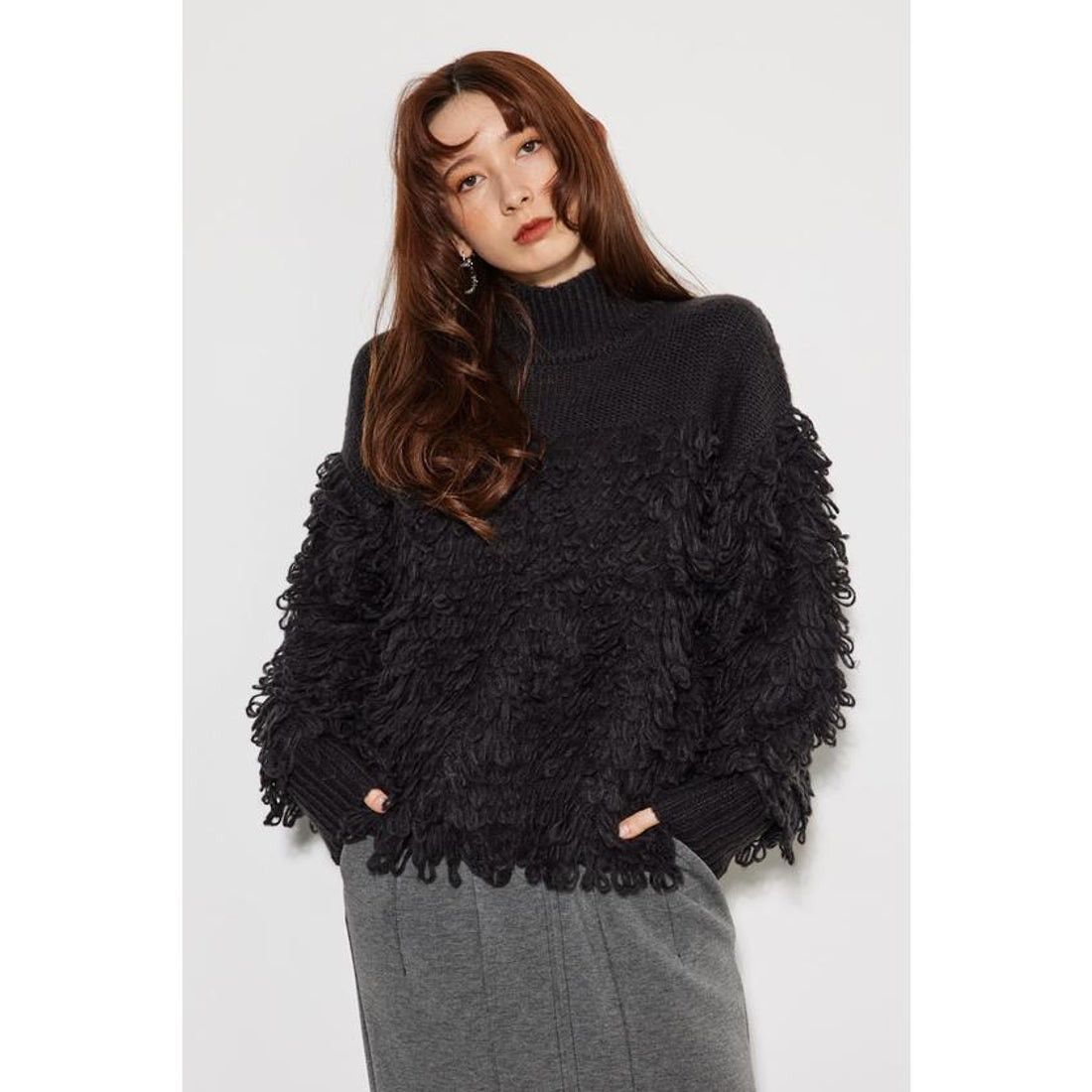 Japanese Brand Rienda Fringe Combination Knit Top (165) Size ONE SIZE - 1 Thumbnail