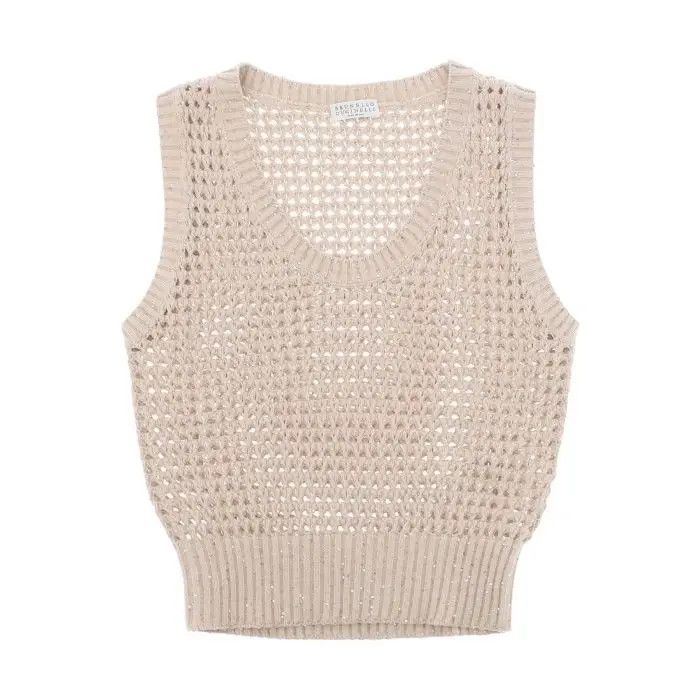 image of Brunello Cucinelli O1S22I1N0424 Knit Top Sparkling In Beige, Women's (Size Large)