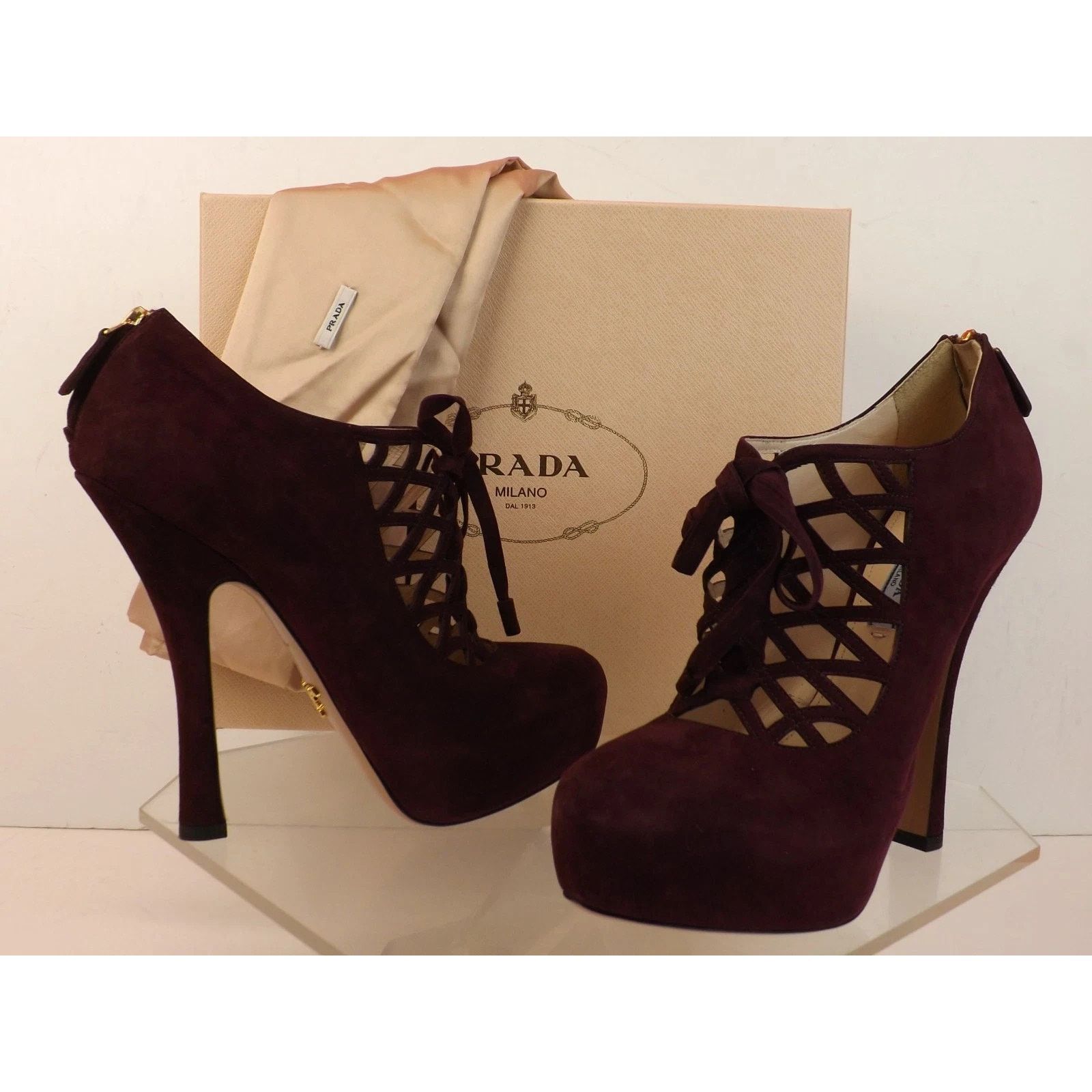 Prada PRADA 1IP156 BURGUNDY SUEDE CAGE ZIP PLATFORM PUMPS 38.5 Size US 8.5 / IT 38.5 - 3 Thumbnail