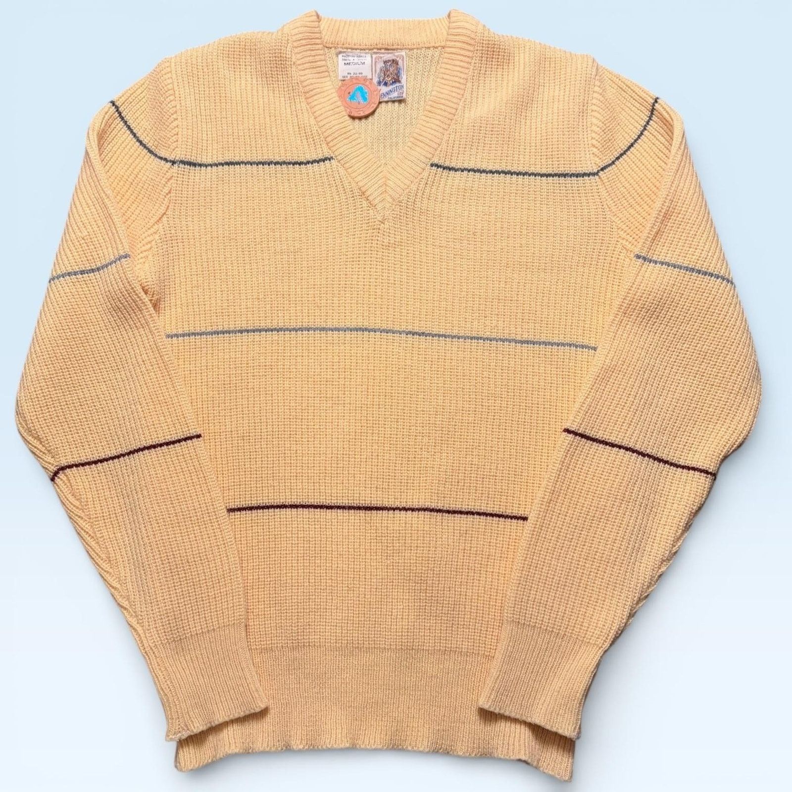 Kennington Ltd. Vtg Kennington Sweater M Striped Waffle Knit V Neck Pullover Size US M / EU 48-50 / 2 - 1 Thumbnail