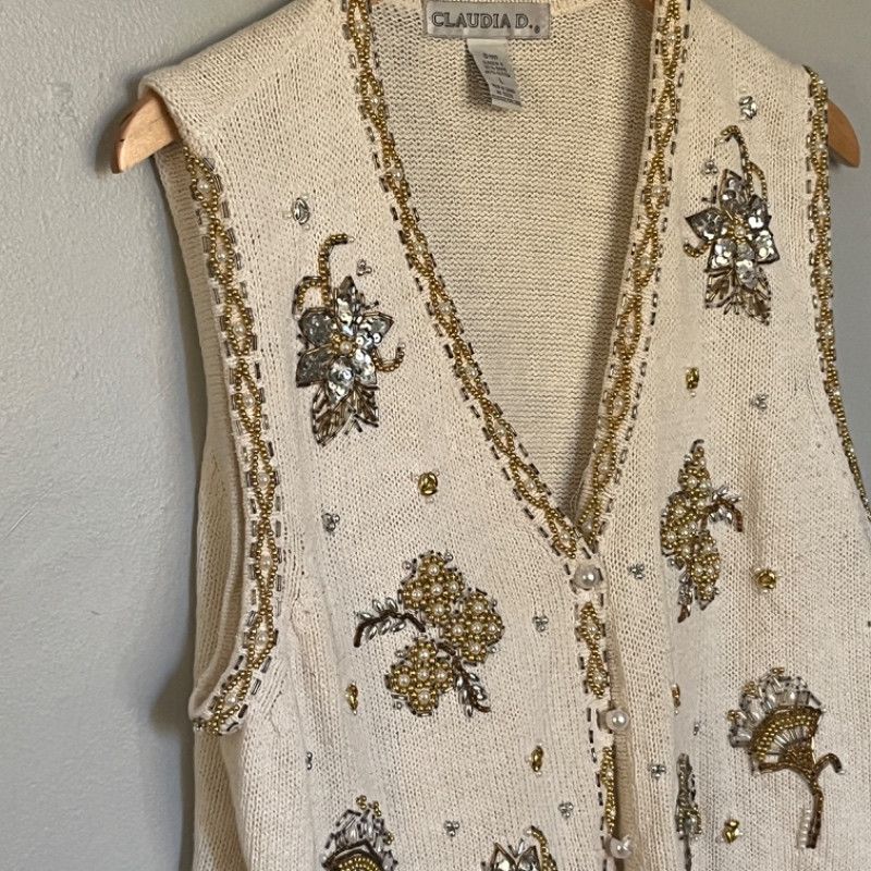 Designer Vintage Claudia D. Cream Embellished Vest Large Size XL / US 12-14 / IT 48-50 - 2 Thumbnail