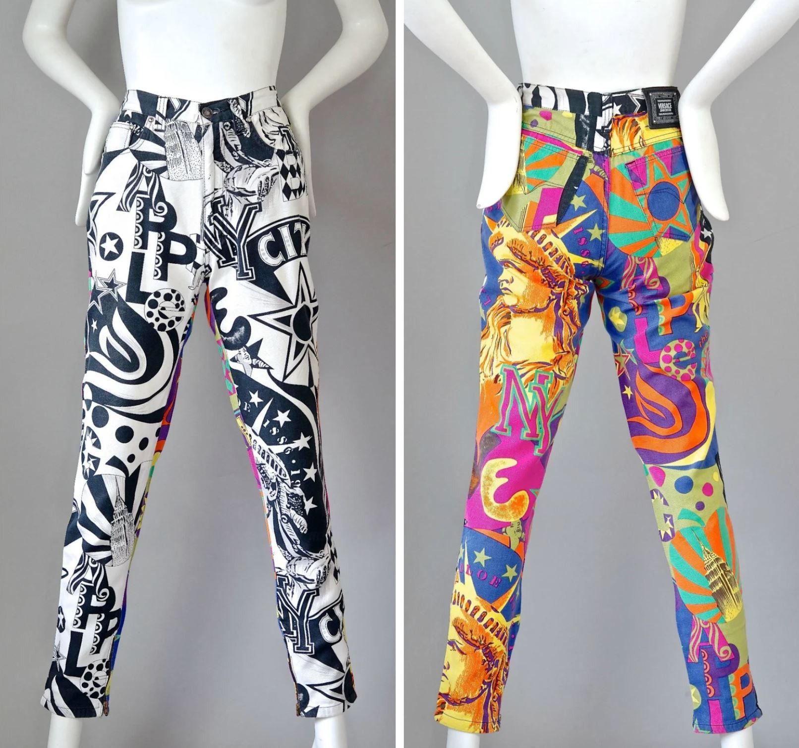 image of Gianni Versace Manhattan New York City Vintage Denim Pants in Rainbow Green Pink Yellow, Women's (S