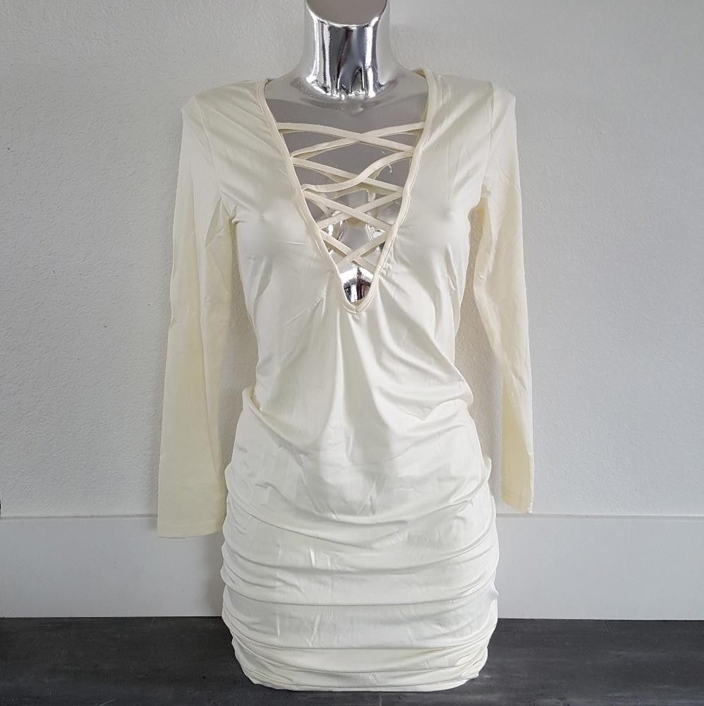 Designer Lemon Cream Laced Up Front Long Sleeve Mini Size M / US 6-8 / IT 42-44 - 1 Thumbnail
