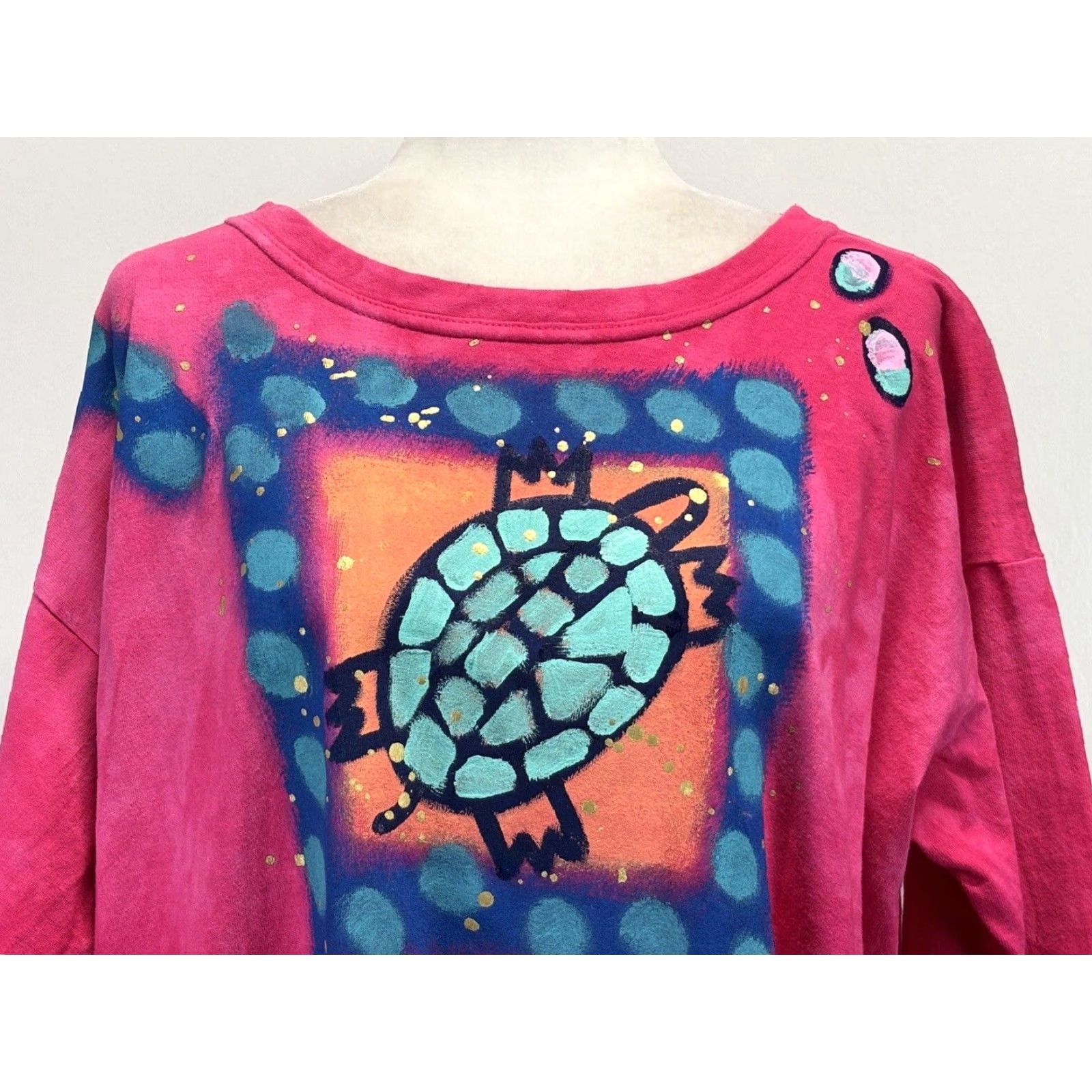 Pinko Vtg Kidra Art wear Dress XL Painted Turtle Made USA Pockets Cotton Midi Pink Size XL / US 12-14 / IT 48-50 - 5 Thumbnail