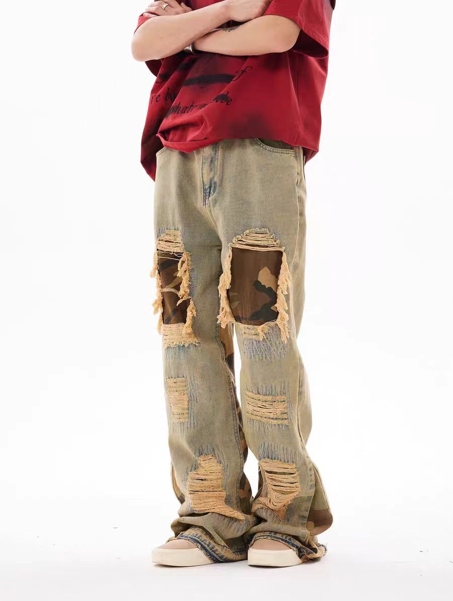 Ripped Camouflage Patch Wasteland Raw Edge Hip-Hop Jeans