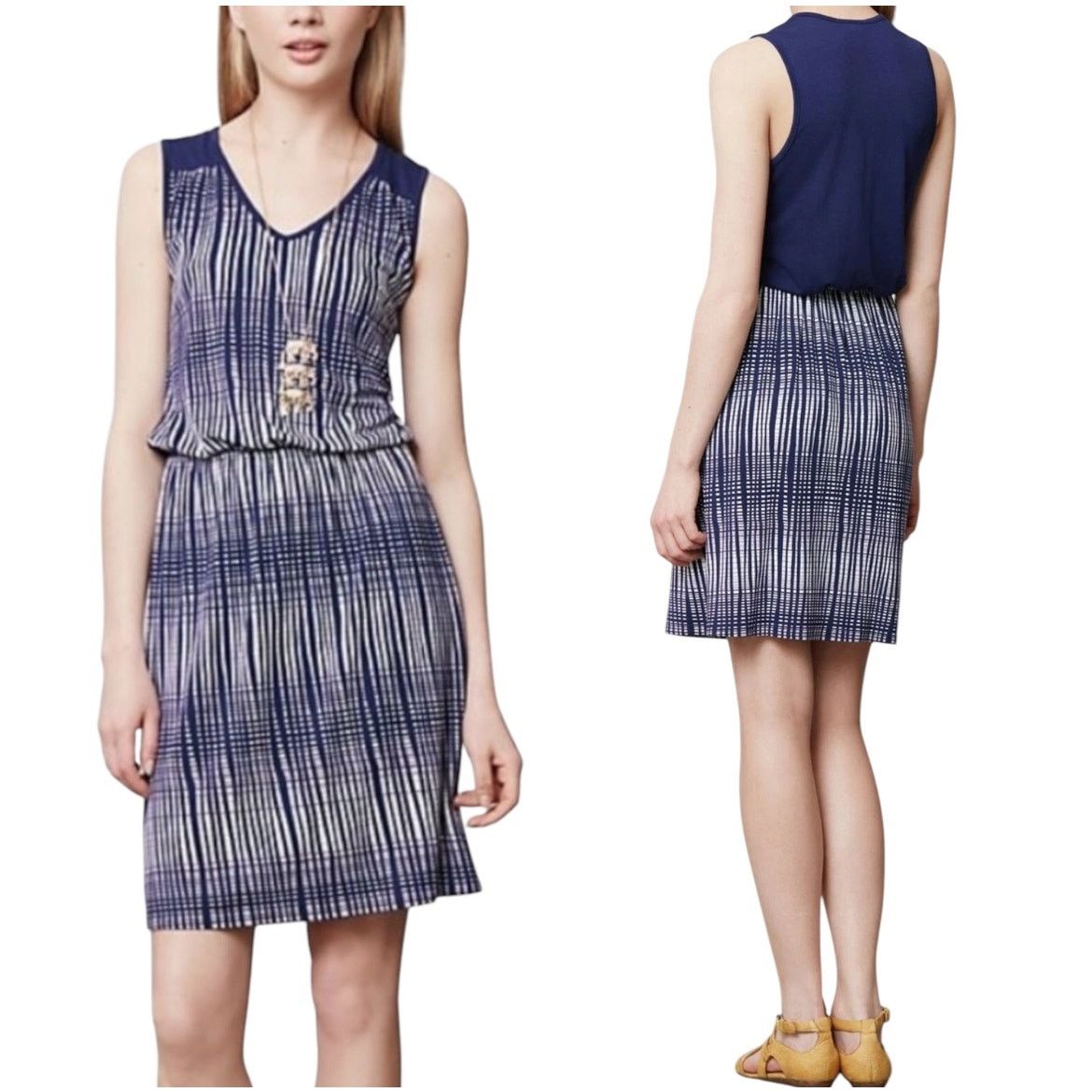 Anthropologie Anthro Deletta Janie Jersey Dress Blue Motif White Medium Size M / US 6-8 / IT 42-44 - 1 Thumbnail