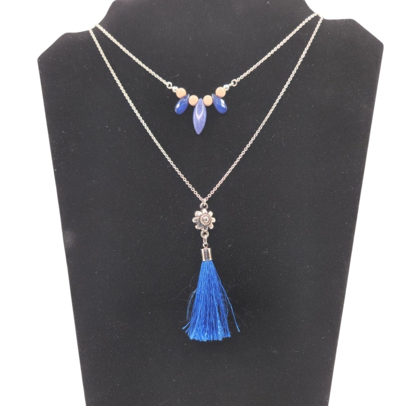 Other Layered Silver Chain Necklace Blue Beads Tassel Pendant Size ONE SIZE - 2 Thumbnail