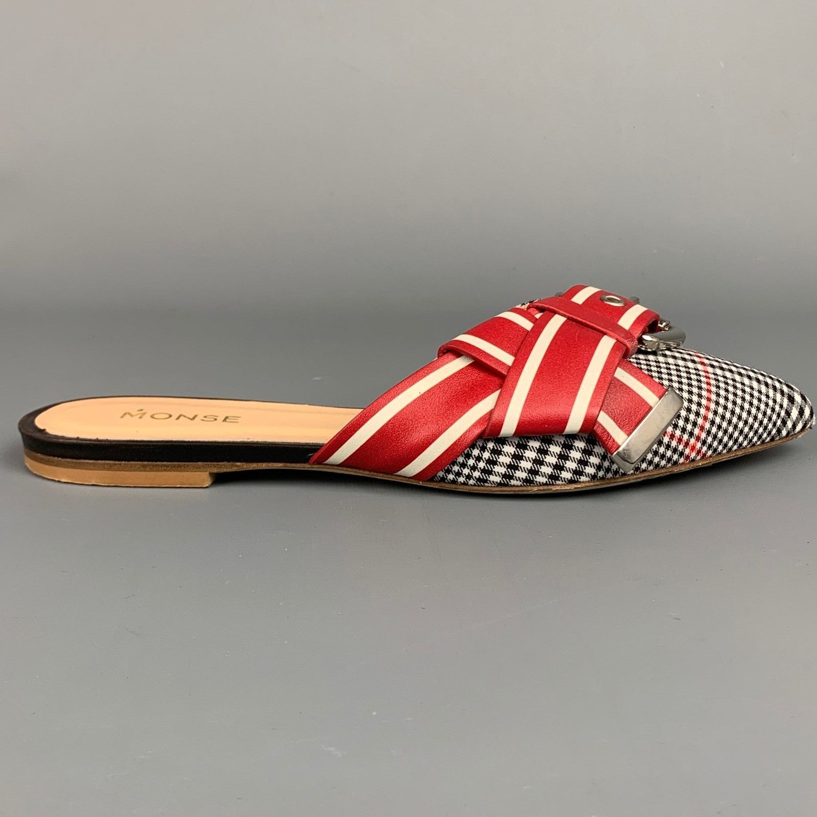 MONSE MONSE Red & Black Fabric Buckle Pointed Toe Mule Flats Size US 8 / IT 38 - 1 Thumbnail