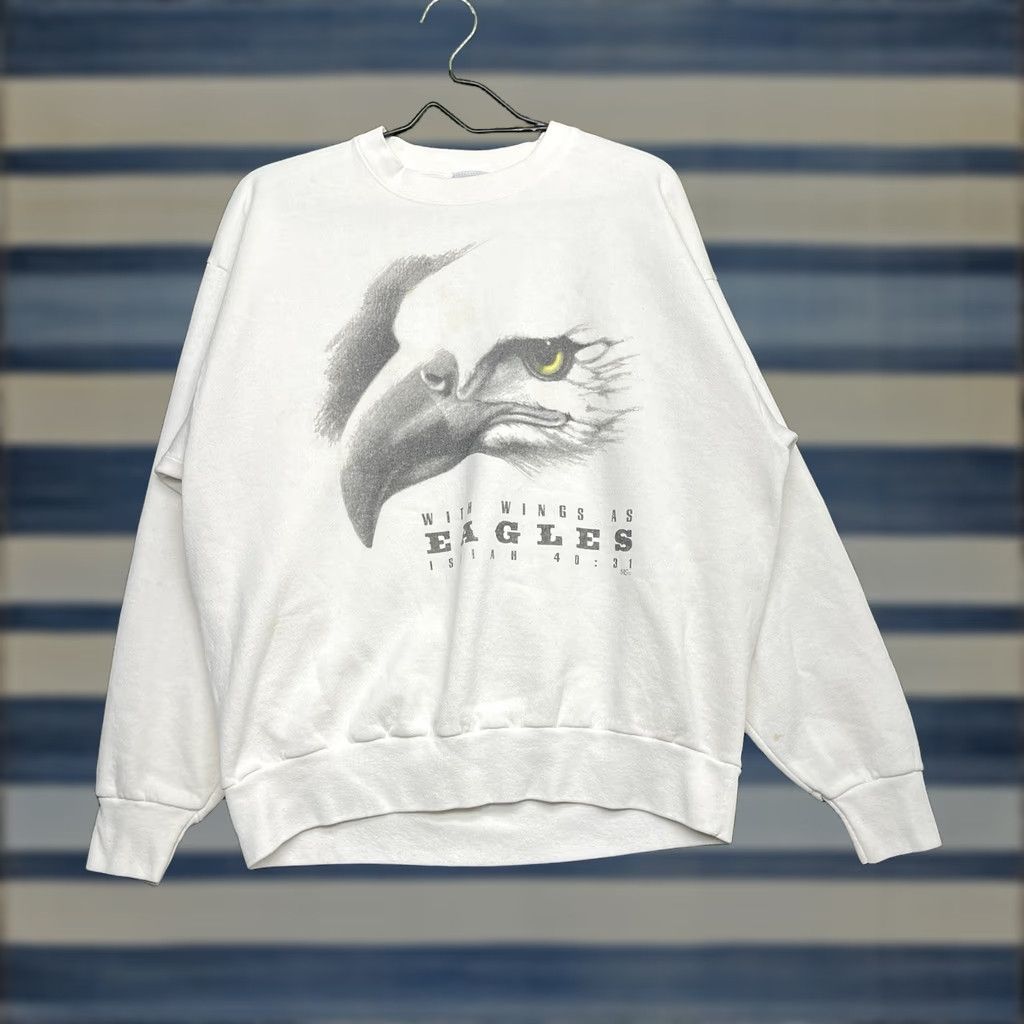 Vintage VINTAGE Jesus Sweatshirt Mens XL With Wings as Eagles Isaiah 40:31 90s Religion Shirt Men XL White Cotton Fleece Graphic Print 1990s Boys Womens Mens Size US XL / EU 56 / 4 - 1 Thumbnail
