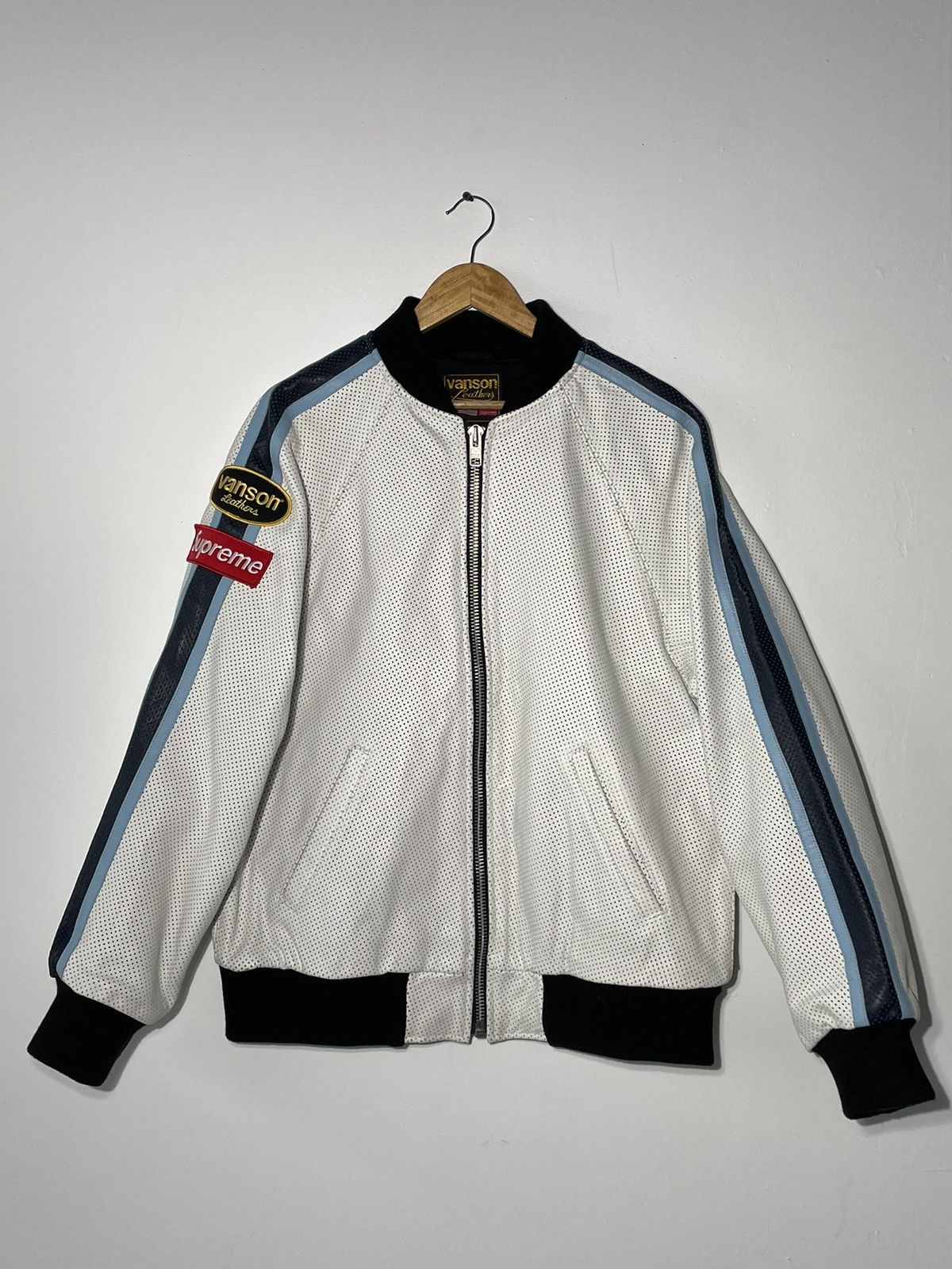 image of Supreme x Vanson Leathers Suprem X Vanson Leathers Perforated Leather Bomber Jacket in White (Size 