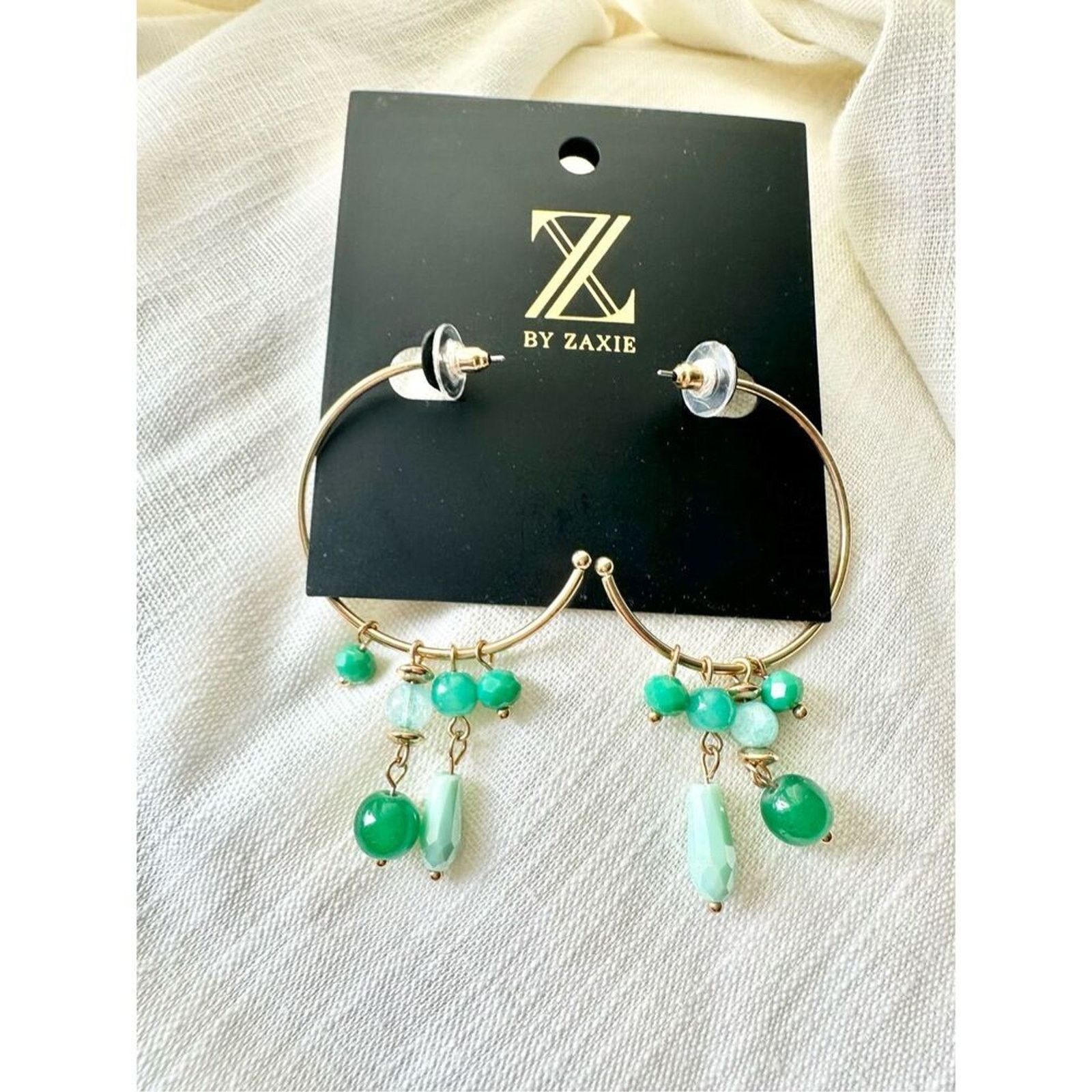 Nordstrom ZAXIE Gold Hoop Earrings with Green Beaded Accents Size ONE SIZE - 2 Thumbnail