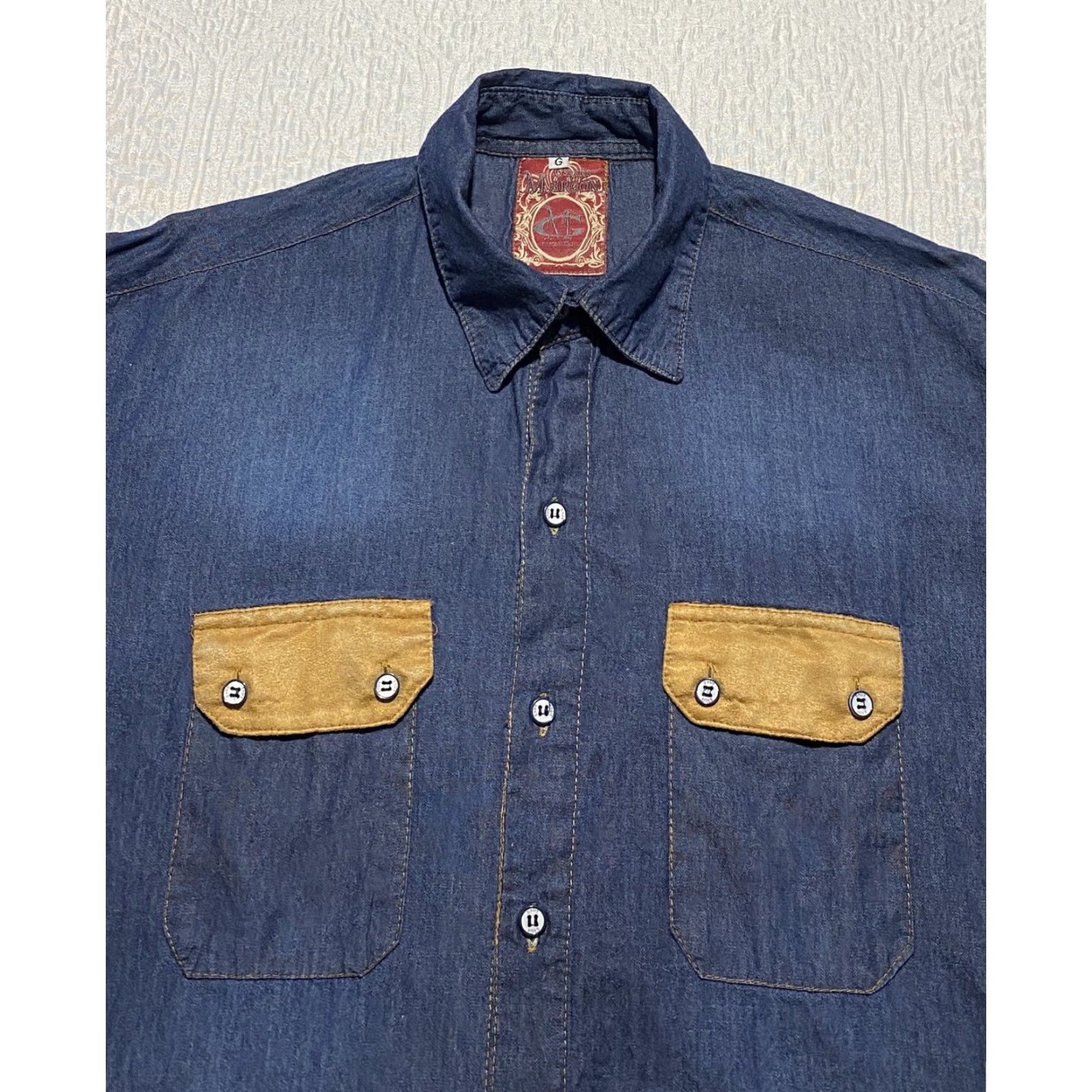 Denime VINTAGE Gerard Margon Shirt Mens Large Blue Denim Western Suede Elbow Patch Long Sleeve Size US L / EU 52-54 / 3 - 2 Thumbnail