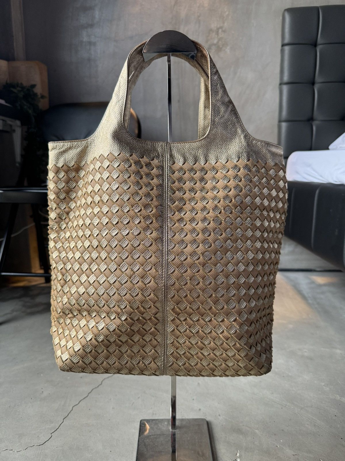 BOTTEGA VENETA Woven Metallic Tote Gold