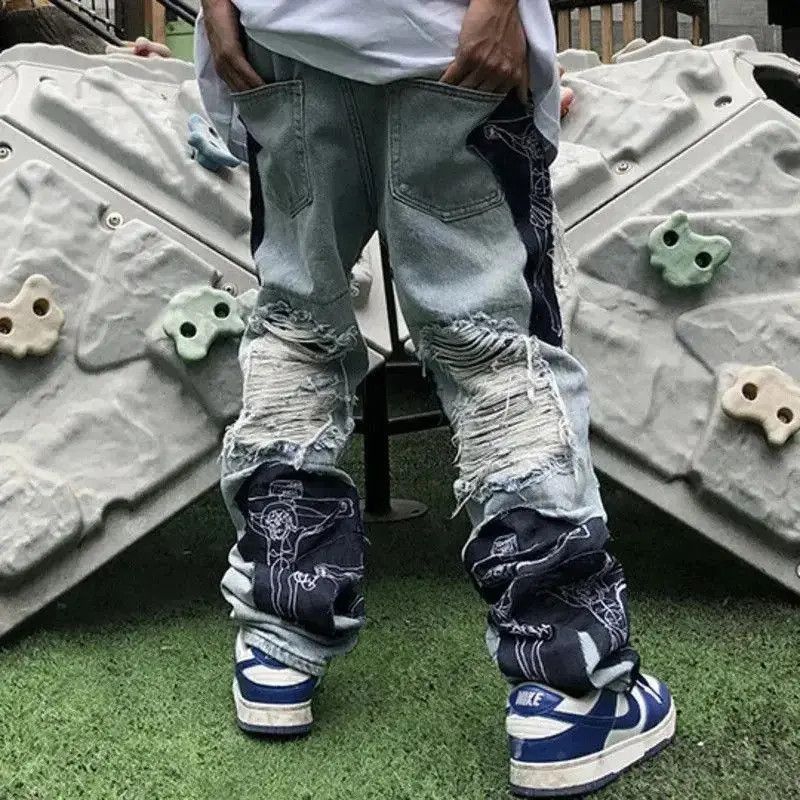 Japanese Brand Spring Autumn Men's Pants Scraped Patchwork Embroidery Denim Size US 32 / EU 48 - 4 Thumbnail