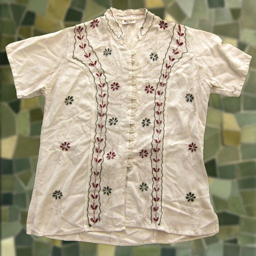 Pinko VINTAGE Eastern Jem India 100% Rayon Ivory Green Pink Embroidered Tunic Blouse M Size M / US 6-8 / IT 42-44 - 1 Thumbnail