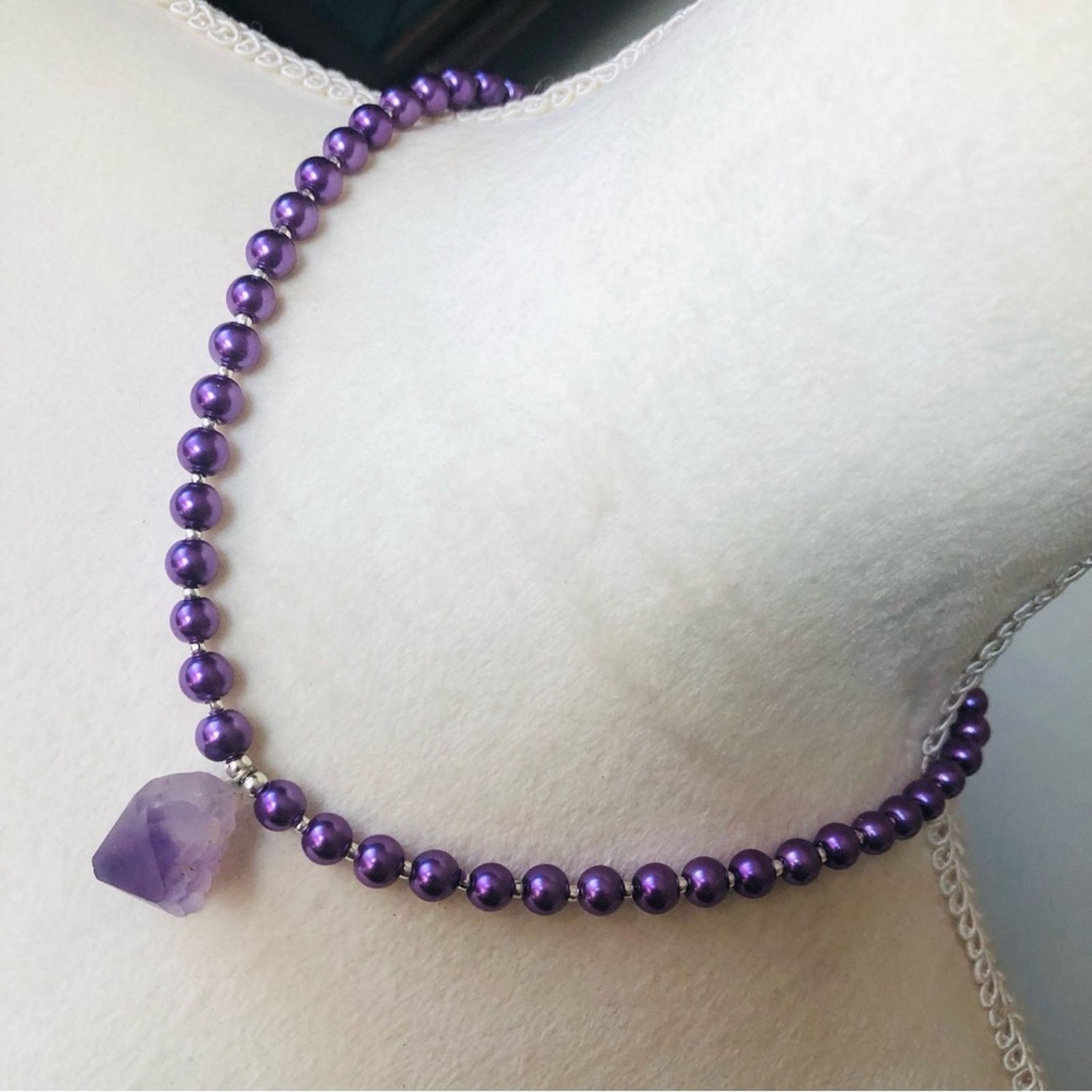 Handmade Handcrafted repurpose genuine amethyst slab Pearl necklace Size ONE SIZE - 1 Thumbnail