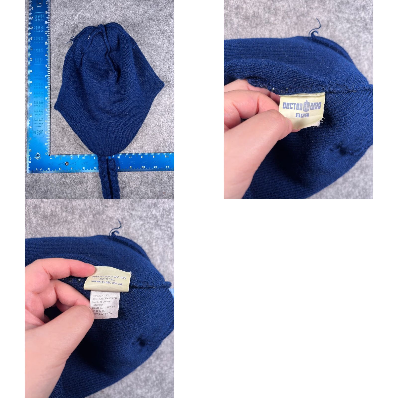 Vintage Dr Who Beanie Toque Adult One Size Blue Police Box Acrylic Ear Flap Tassel Pom Size ONE SIZE - 8 Thumbnail