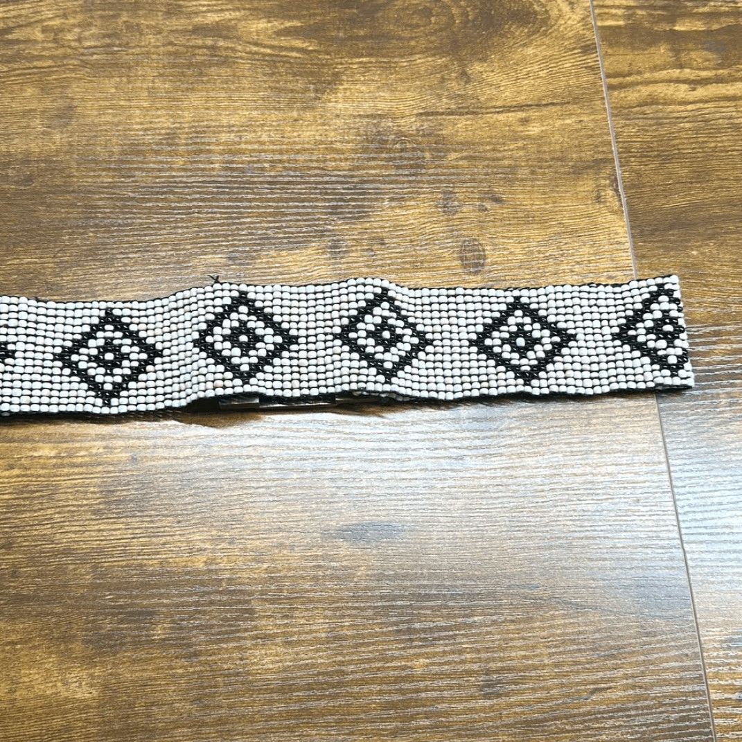 Vintage VINTAGE Women's Beaded Belt One Size Wide Wooden Hook Buckle Retro Boho Stretch Fit Black Brown Aztec Design W 2.25” Size ONE SIZE - 4 Thumbnail