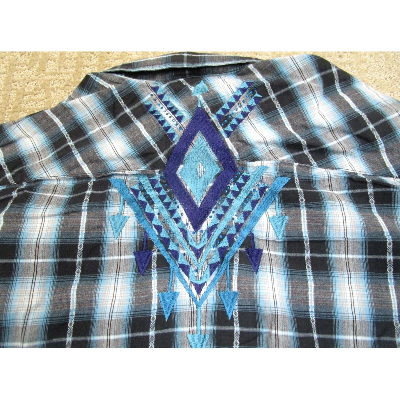 Vintage Panhandle Slim Pearl Snap Shirt Women XL Blue Plaid Embroidered Western White Distressed? Size XL / US 12-14 / IT 48-50 - 5 Thumbnail