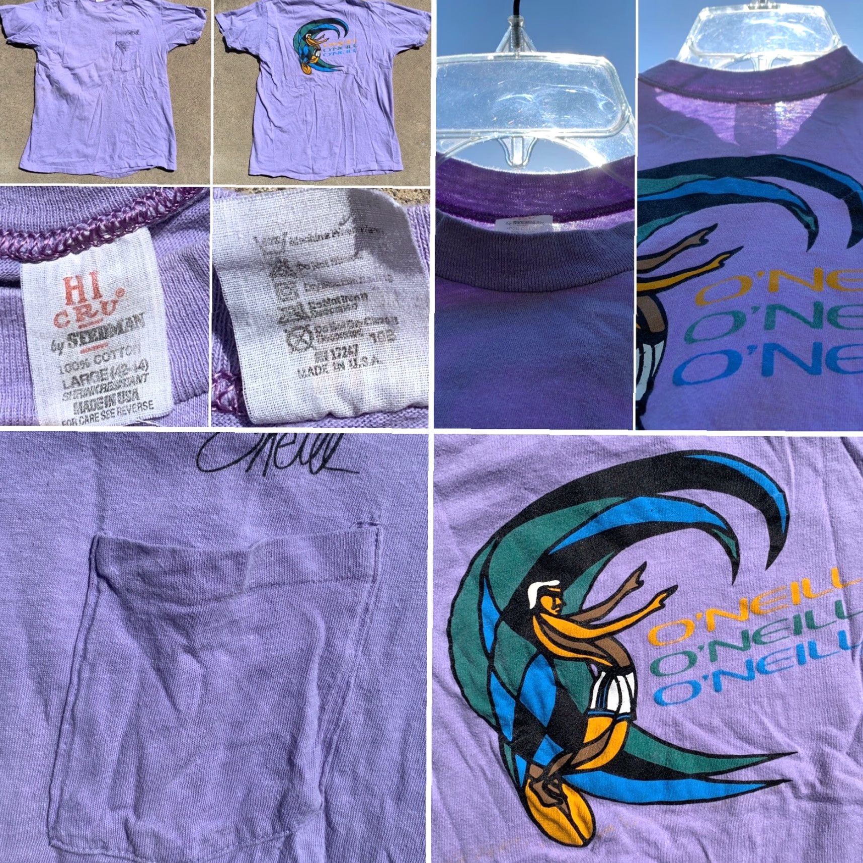 O'Neill VINTAGE O’Neill Pocket Tee T Shirt Surf Surfer Surfboard Graphics HI CRU Label L Men Purple 1970s 1980s Sportswear/Beach Shirt Size US L / EU 52-54 / 3 - 4 Thumbnail
