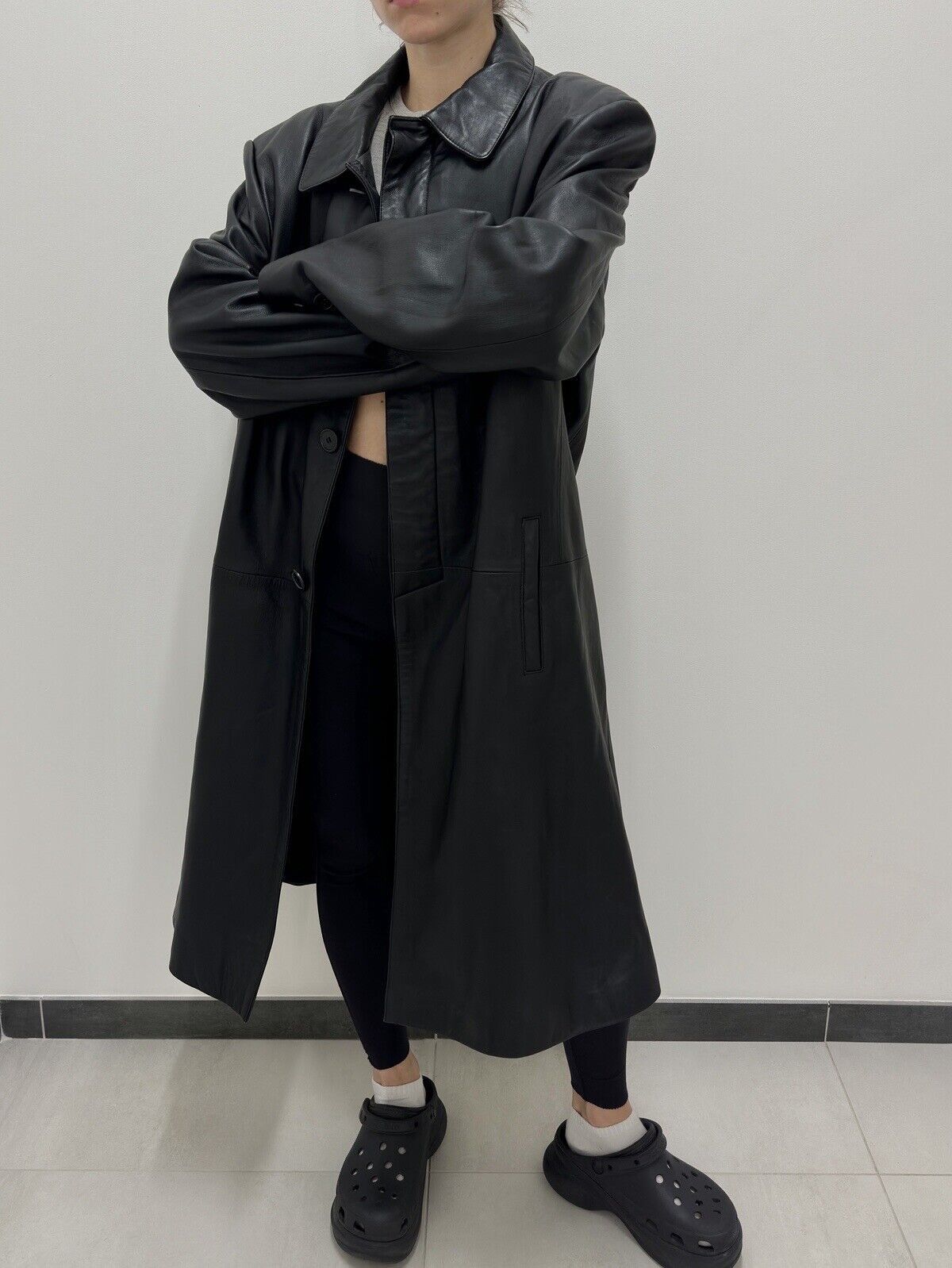 vintage ZARA Leather Long Trench Coat Jacket y2k Swag