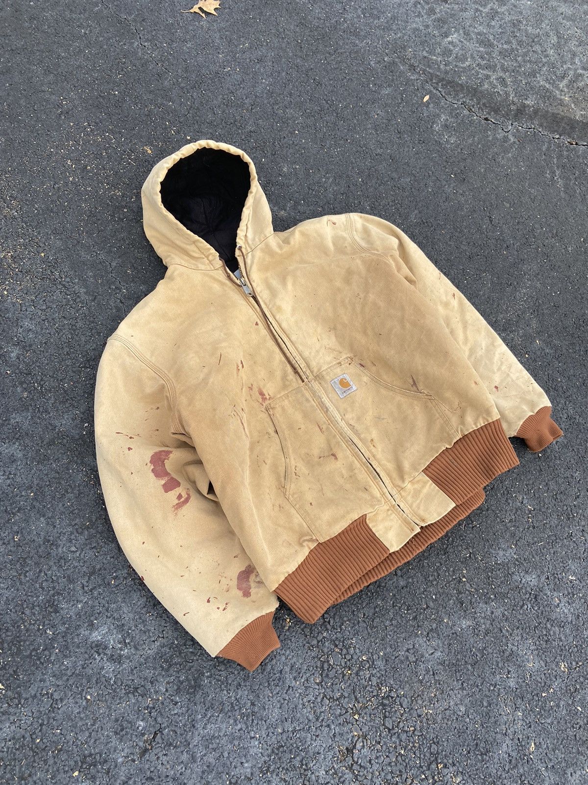 image of Crazy Vintage Boxy Paint Splatter Faded Carhartt Work Jacket in Tan, Men's (Size 2XL)