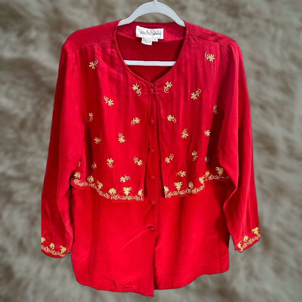 Diane von Furstenberg VINTAGE Diane von Furstenberg Red Silk Blazer Shirt Top Embroidered Sz S Dressy Party/Cocktail Blouse Womens Shirt Embroidered Red DVF Silk Blazer Size S / US 4 / IT 40 - 1 Thumbnail