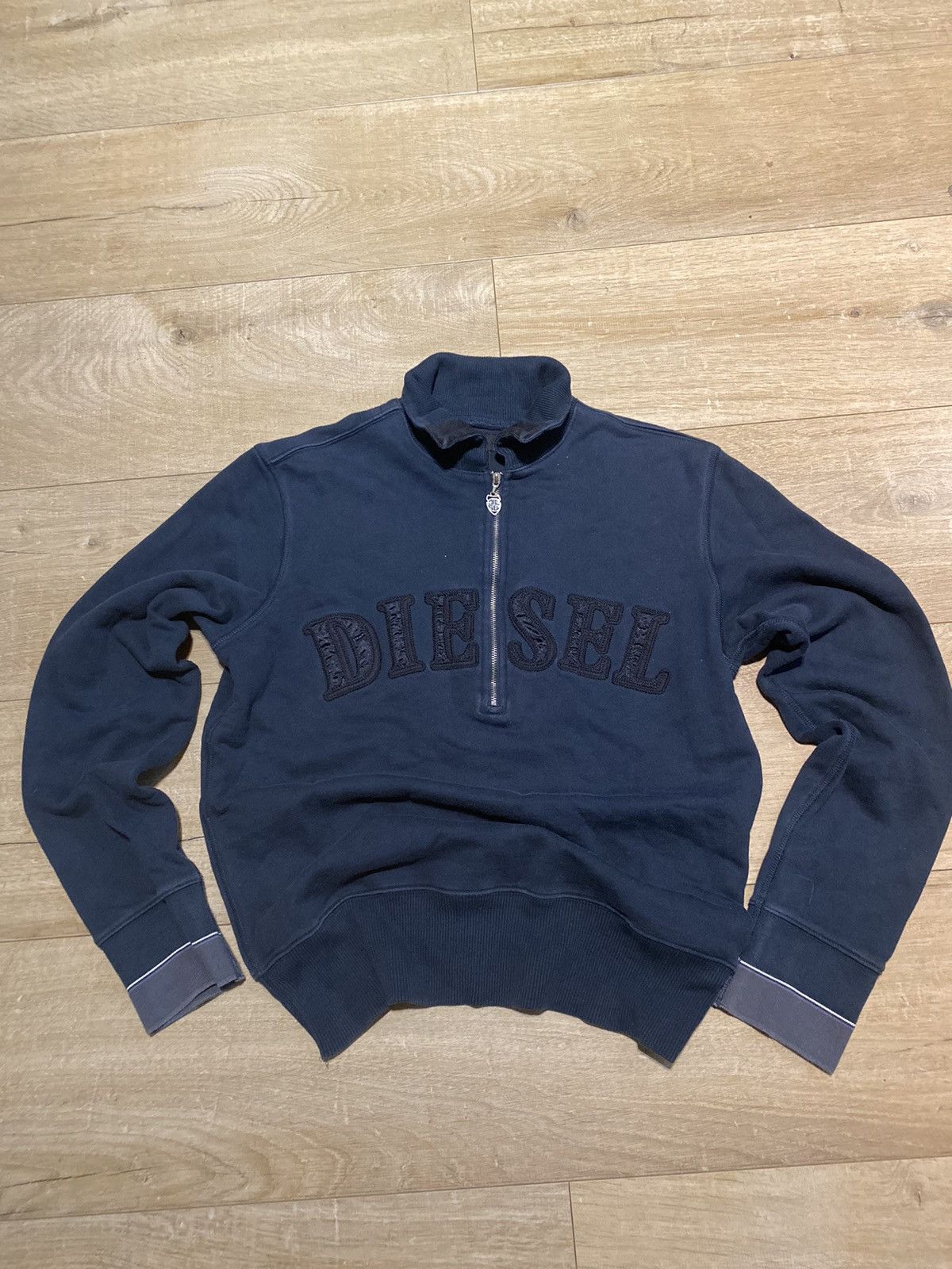 image of Diesel Sweatshirt 1/3 Zip Vintage Spell Out Logo High Throat in Blue, Men's (Size Large)