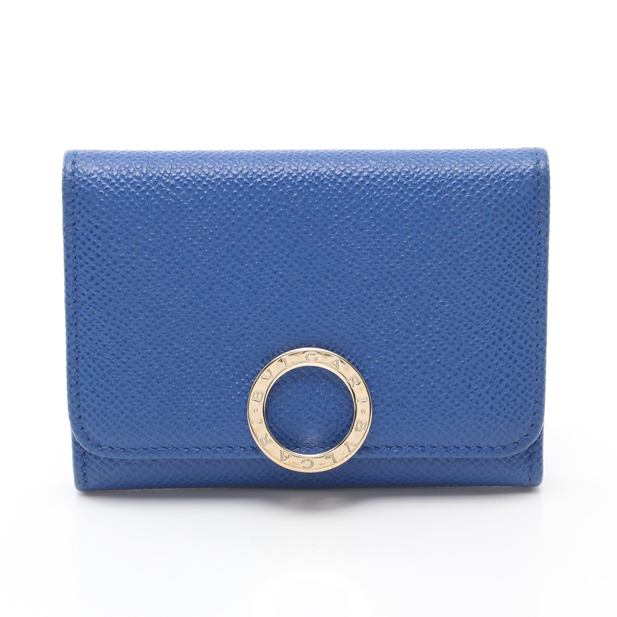 Bvlgari Logo Clip Card Case Name Holder Leather Blue
