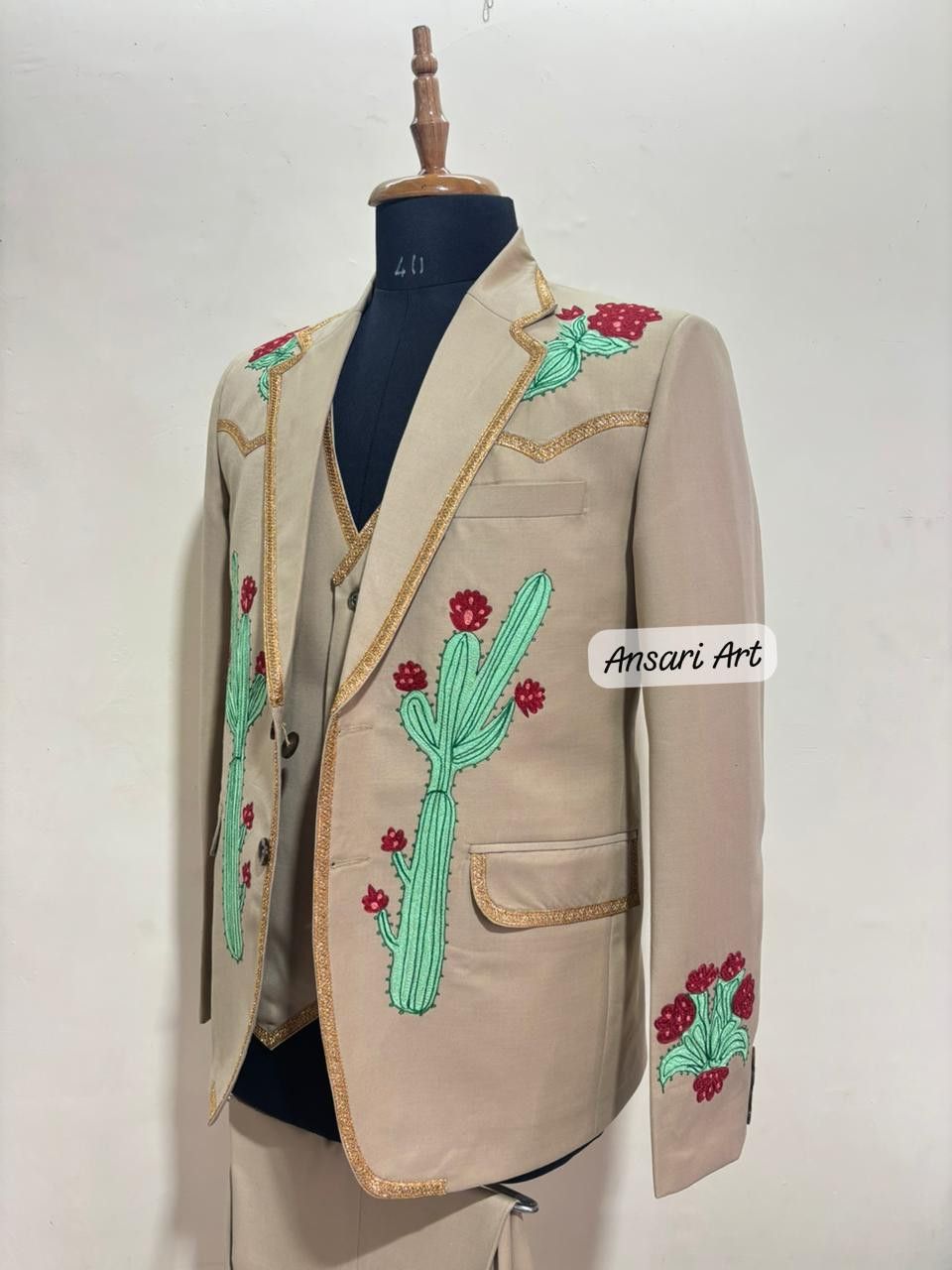 Other Men 3Pc Customized Cactus Embroidery Cocktail Prom Groom Set Size 42L - 4 Thumbnail