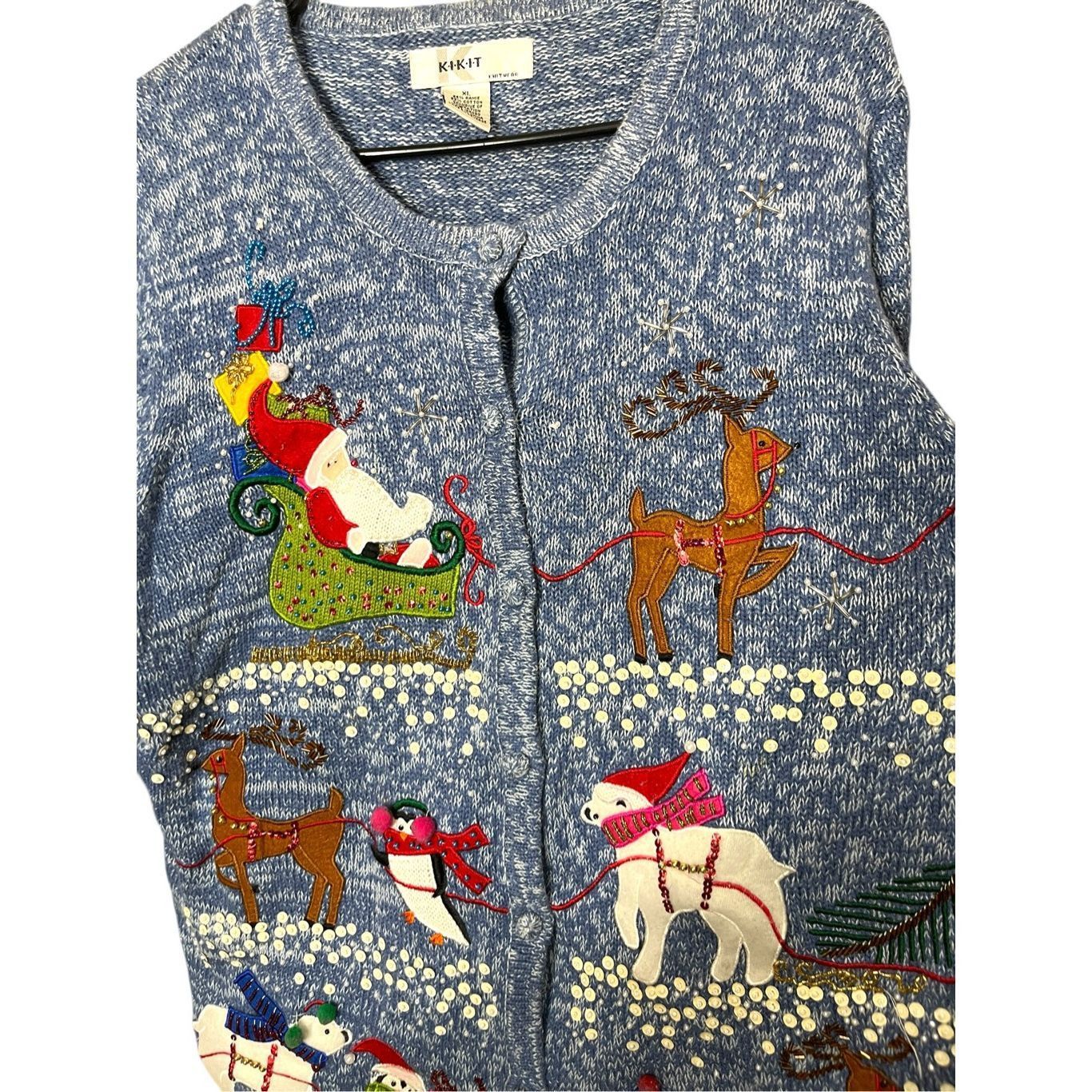 Other Vintage Kikit Christmas Holiday Sweater Blue Knit Beaded Embroidered Size XL Size XL / US 12-14 / IT 48-50 - 2 Thumbnail
