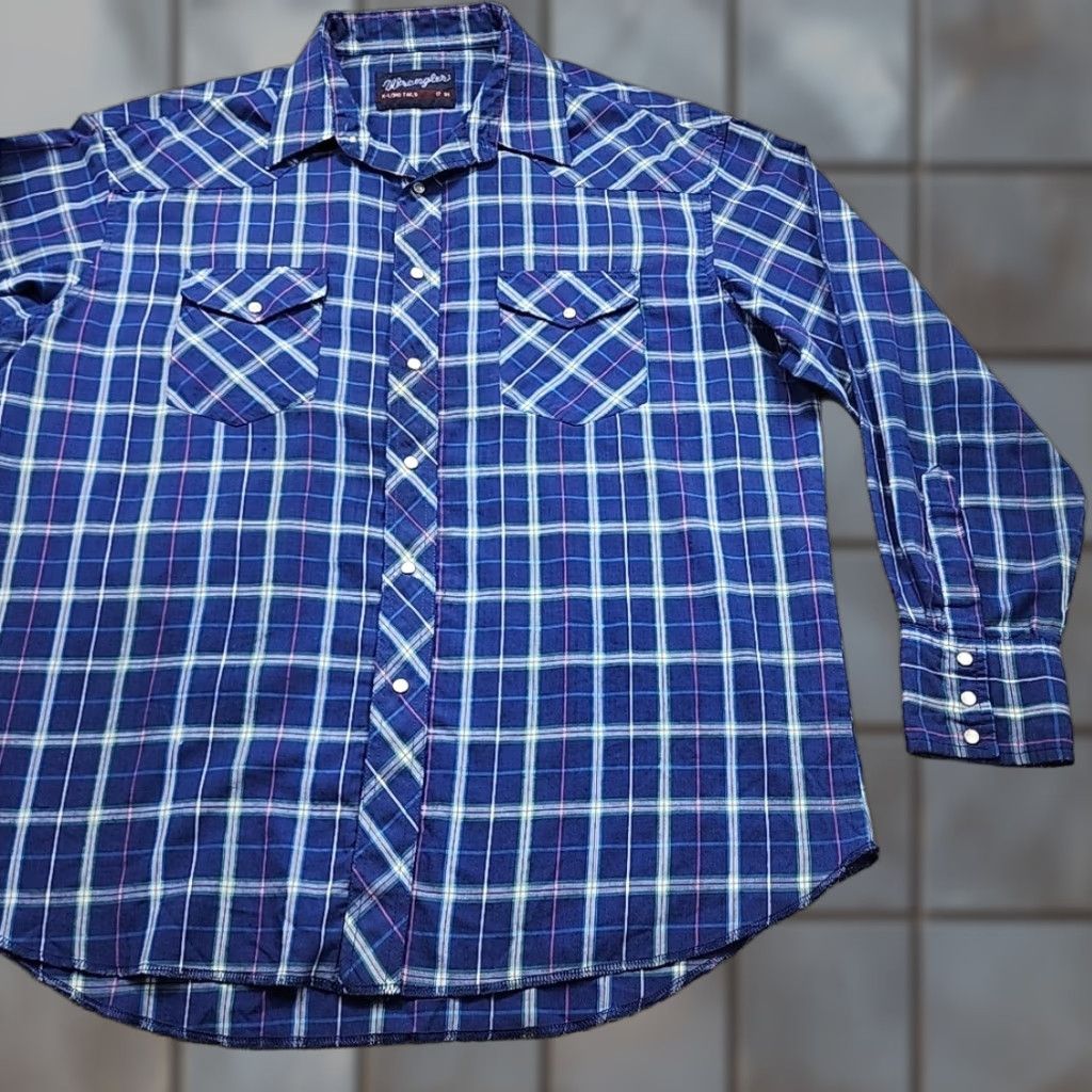 Wrangler VINTAGE Wrangler Pearl Snap Shirt X Long Tails Blue Plaid Mens Regular Fit 17 x 35 Shirt Size US XL / EU 56 / 4 - 1 Thumbnail