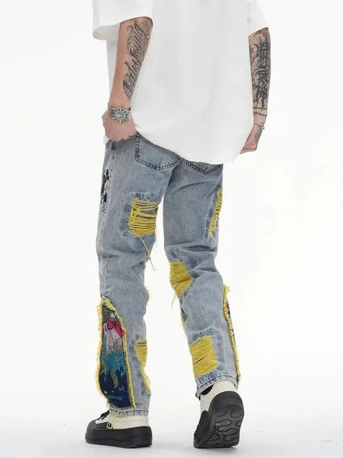 Designer Embroidered Patch Denim Ripped Jeans Size US 34 / EU 50 - 8 Thumbnail