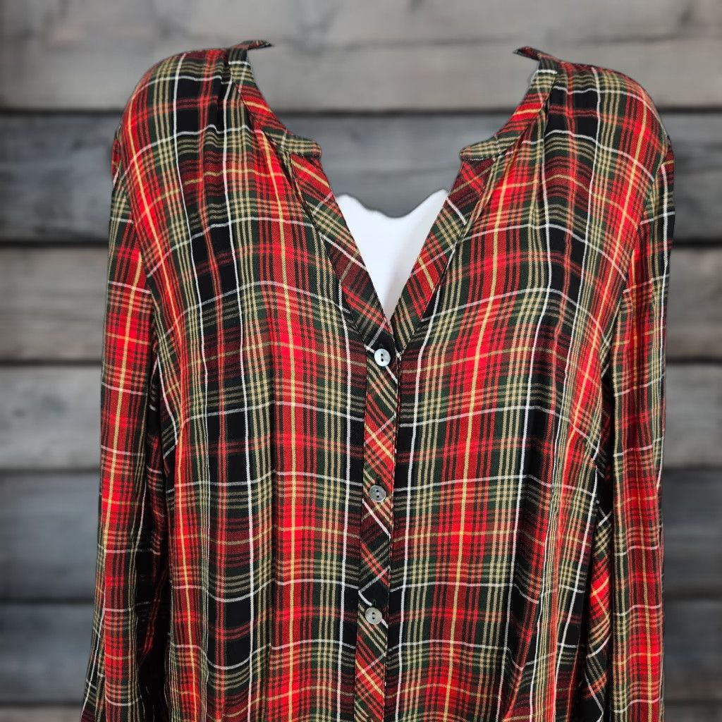 J. Jill J Jill Womens Button Front Top L Red Plaid Rayon Long Sleeve Shirt Size L / US 10 / IT 46 - 1 Thumbnail
