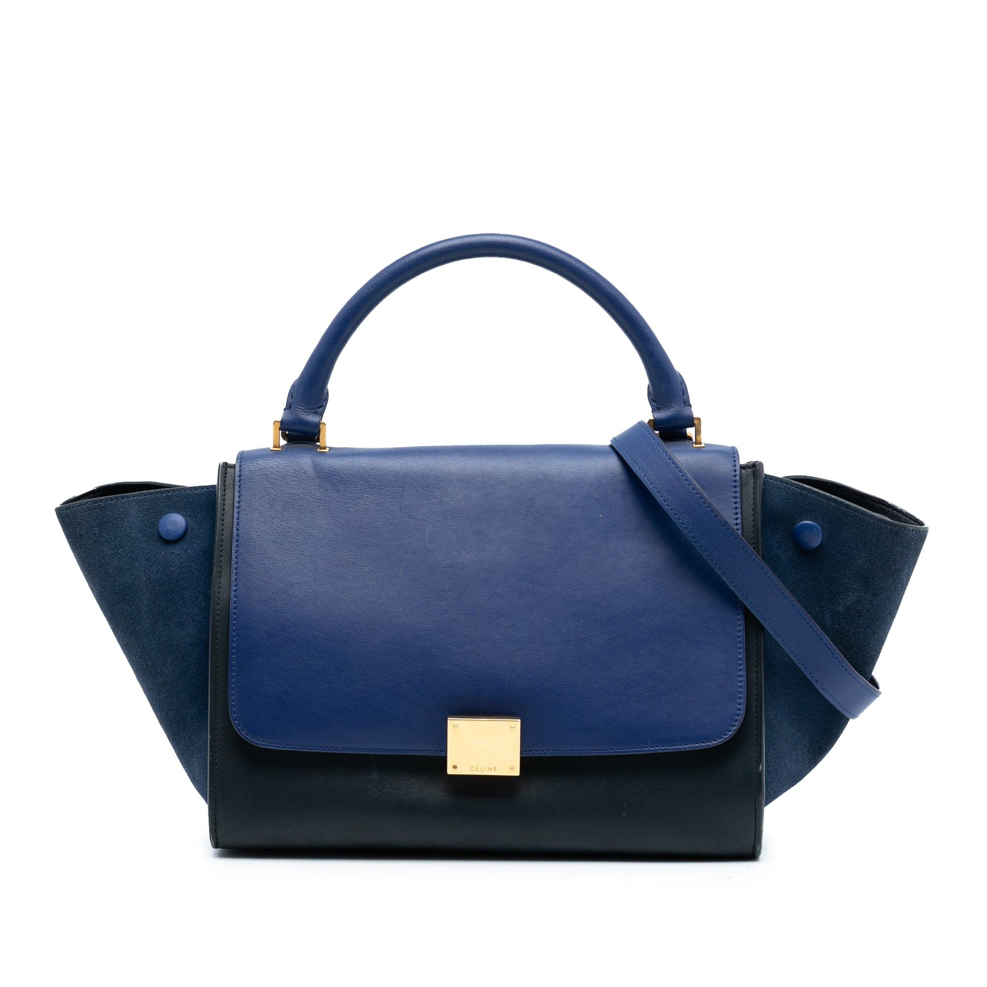 Small Bicolor Calfskin and Suede Trapeze Satchel