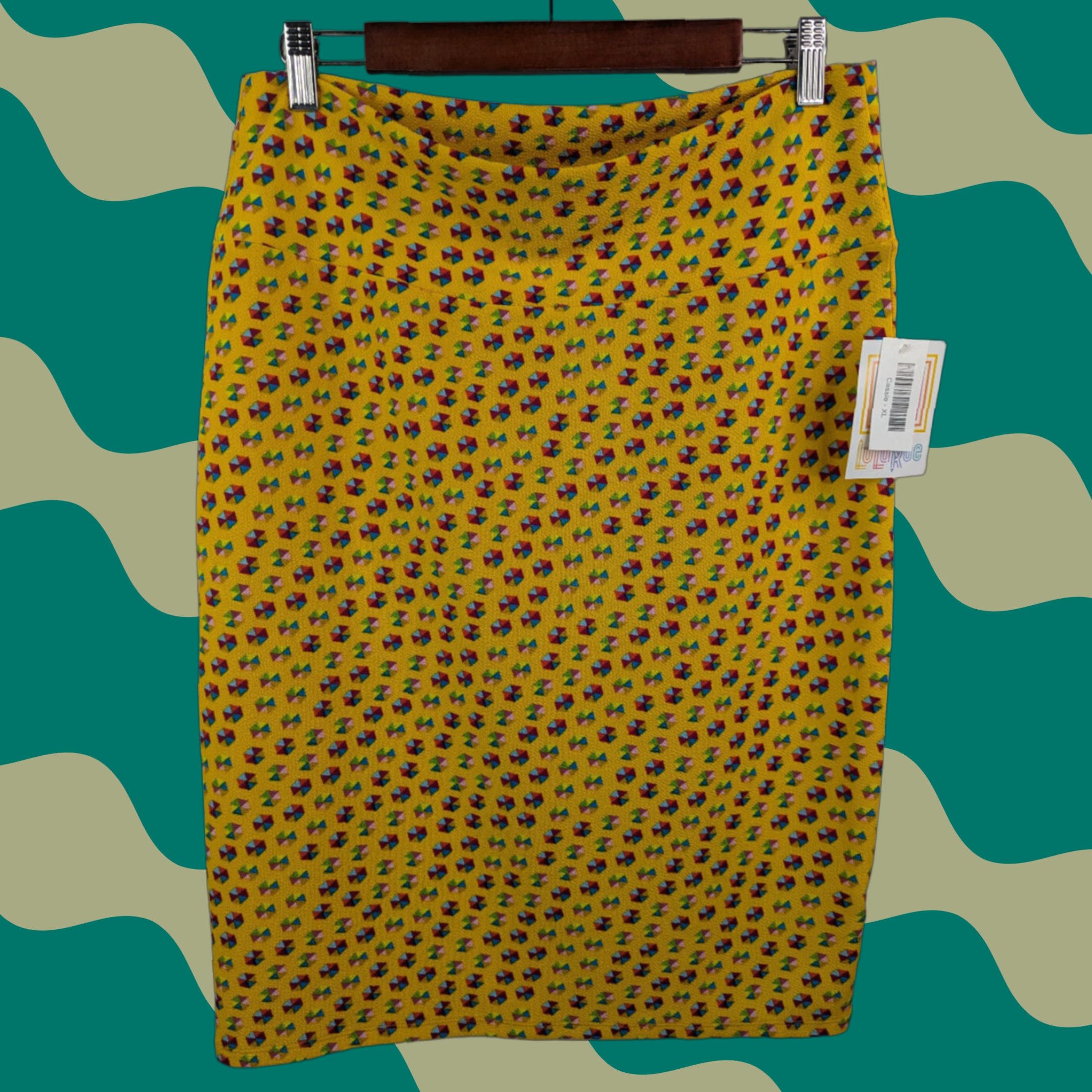 Vintage LuLaRoe NWT Cassie Pull-On Midi Skirt XL Yellow Hexagon Print Size 40" / US 18 - 1 Thumbnail