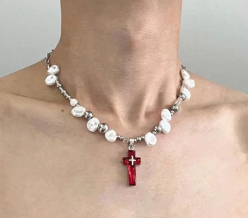 Jewelry Red Cross Pearl Necklace Size ONE SIZE - 2 Thumbnail