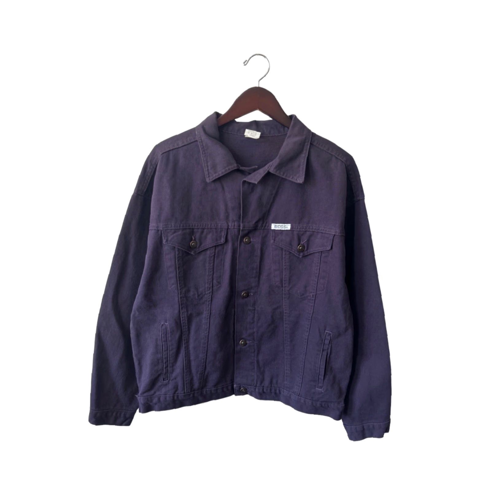 Vintage VINTAGE Boss Denim Jacket Mens M Purple 90s Deadstock NWT Side Pockets Embossed Back Logo 25.5” Long 23” Across 23” Shoulder to Hem Size US 31 - 7 Thumbnail