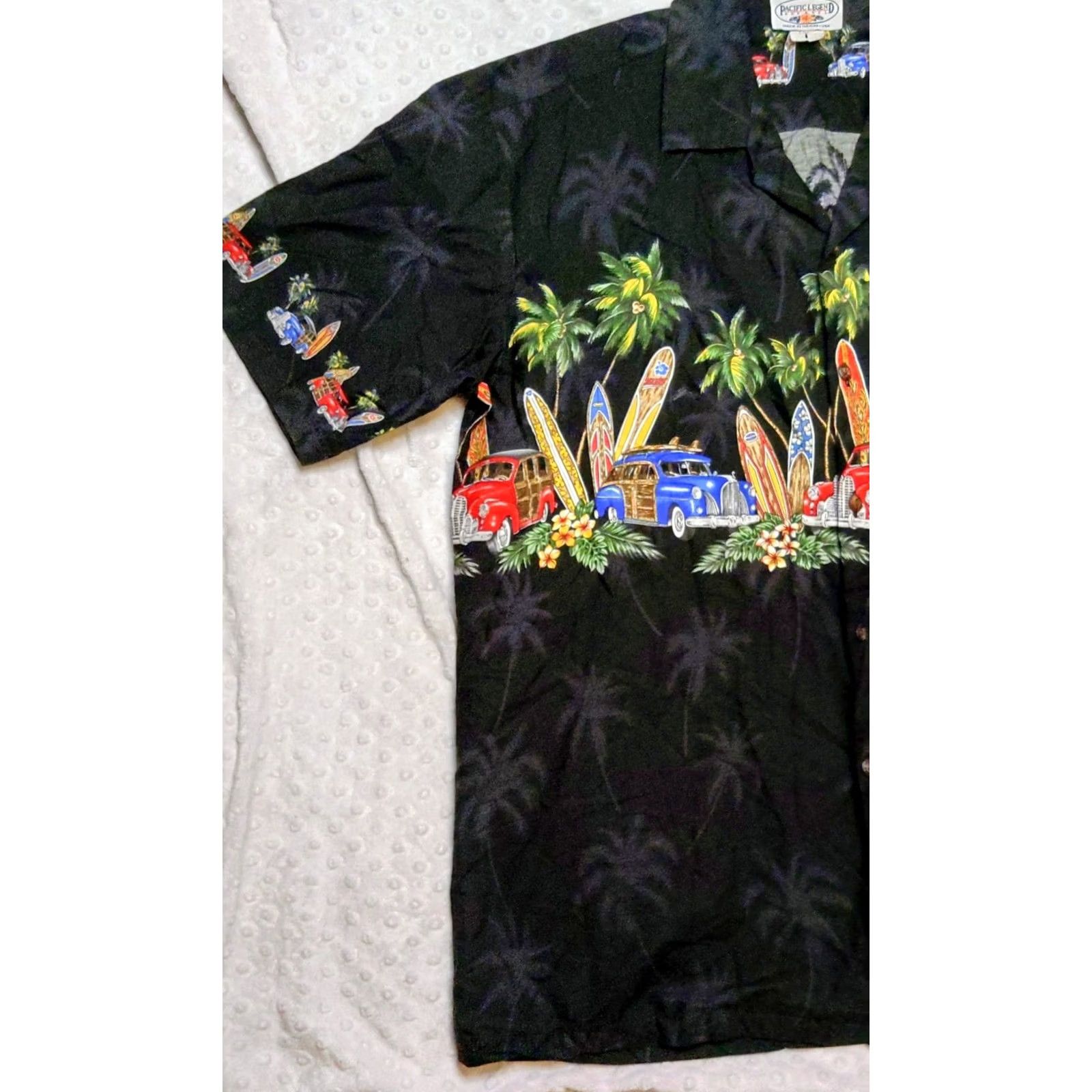Vintage Vintage Pacific Legend Apparel, Inc. Hawaiian Shirt Mens L Black 100% Cotton Short Sleeve Button-Up Collared Beach Car Surfboard 90s Theme Size US L / EU 52-54 / 3 - 3 Thumbnail