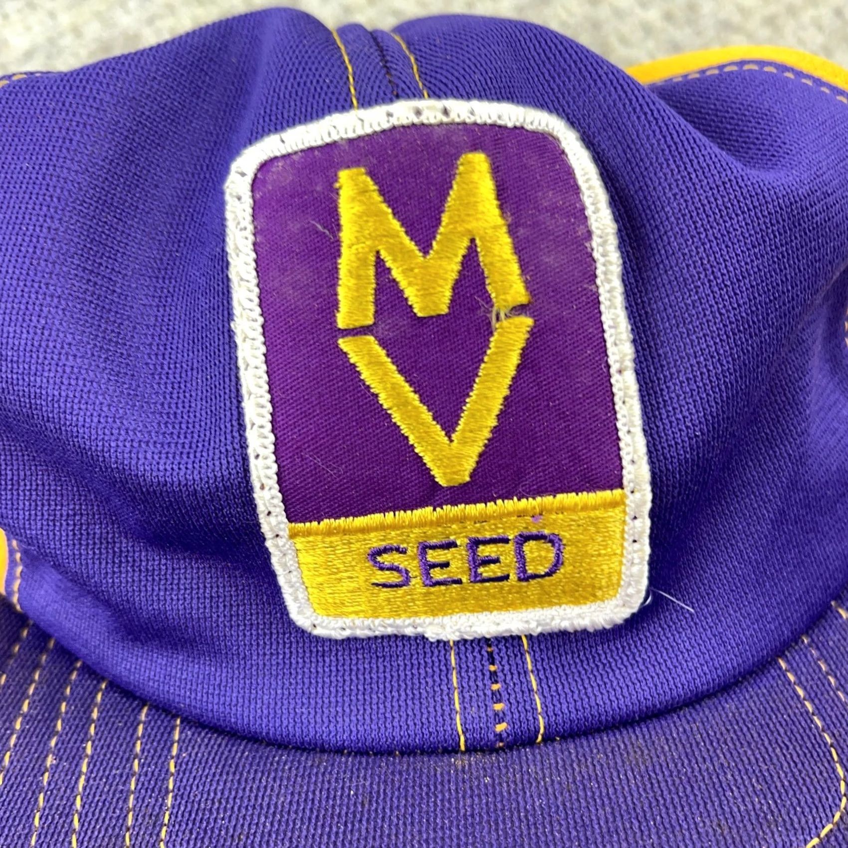 Vintage VINTAGE MV Seeds Trucker Hat Cap Made USA 80s Farm Purple Yellow Patch Snapback Cap Men One Size Purple 80s Vintage Trucker Hat Cap USA MV Seeds WWII? Size ONE SIZE - 3 Thumbnail