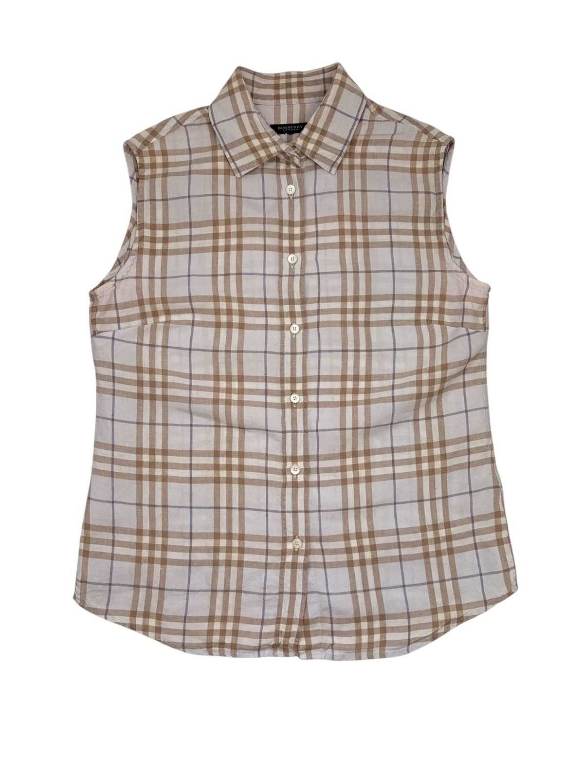 Burberry × Vintage BURBERRY NOVA CHECK SLEEVELESS BUTTON UP SHIRT BLUE LINEN Size M / US 6-8 / IT 42-44 - 1 Thumbnail