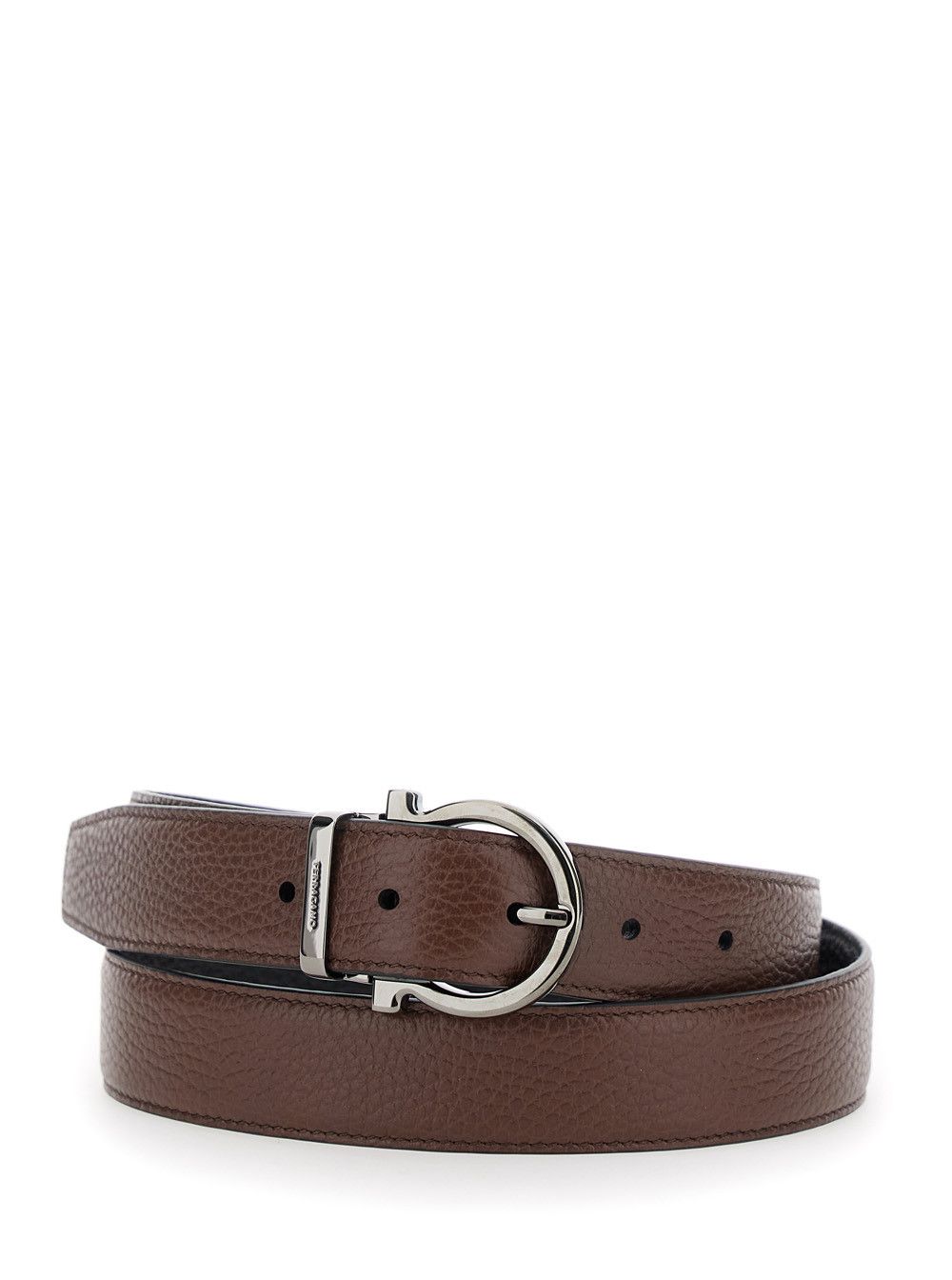 Brown Reversible Belt with Gancini Buckle and Metallic Loop with